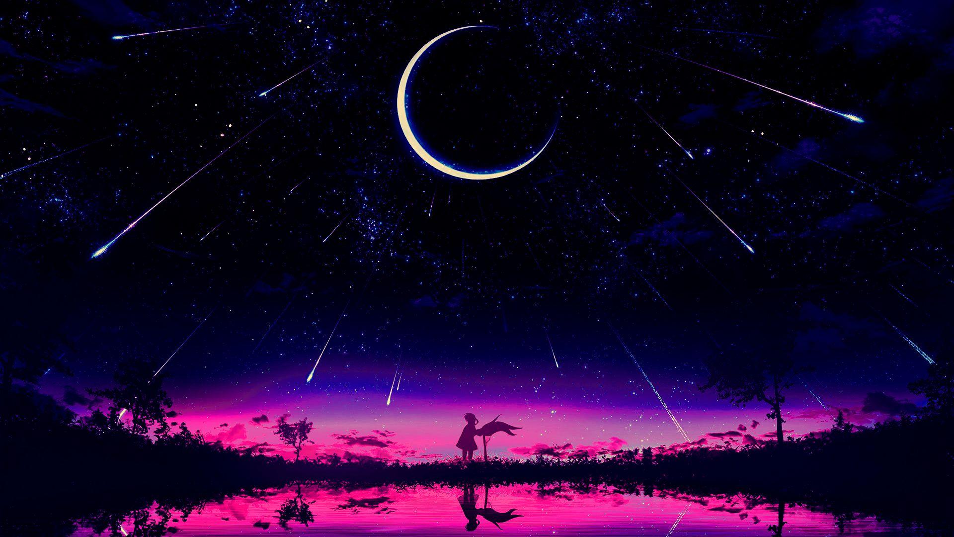 Starry Night Sky Moon Stars Anime Scenery 8K Wallpaper #6.2218