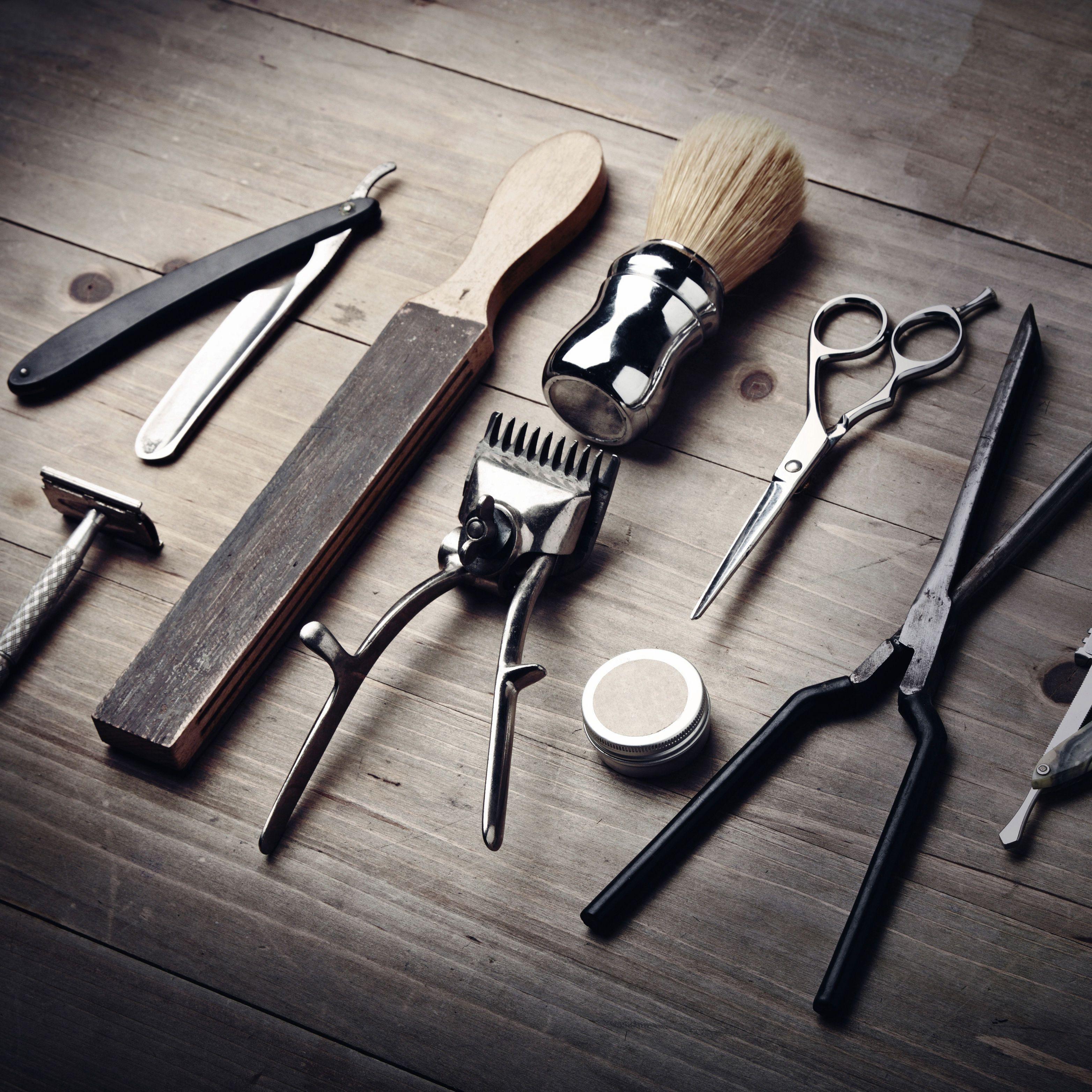 3128x3128 Vintage Equipment Of Barber Shop On Wood Background Equipment HD Wallpaper