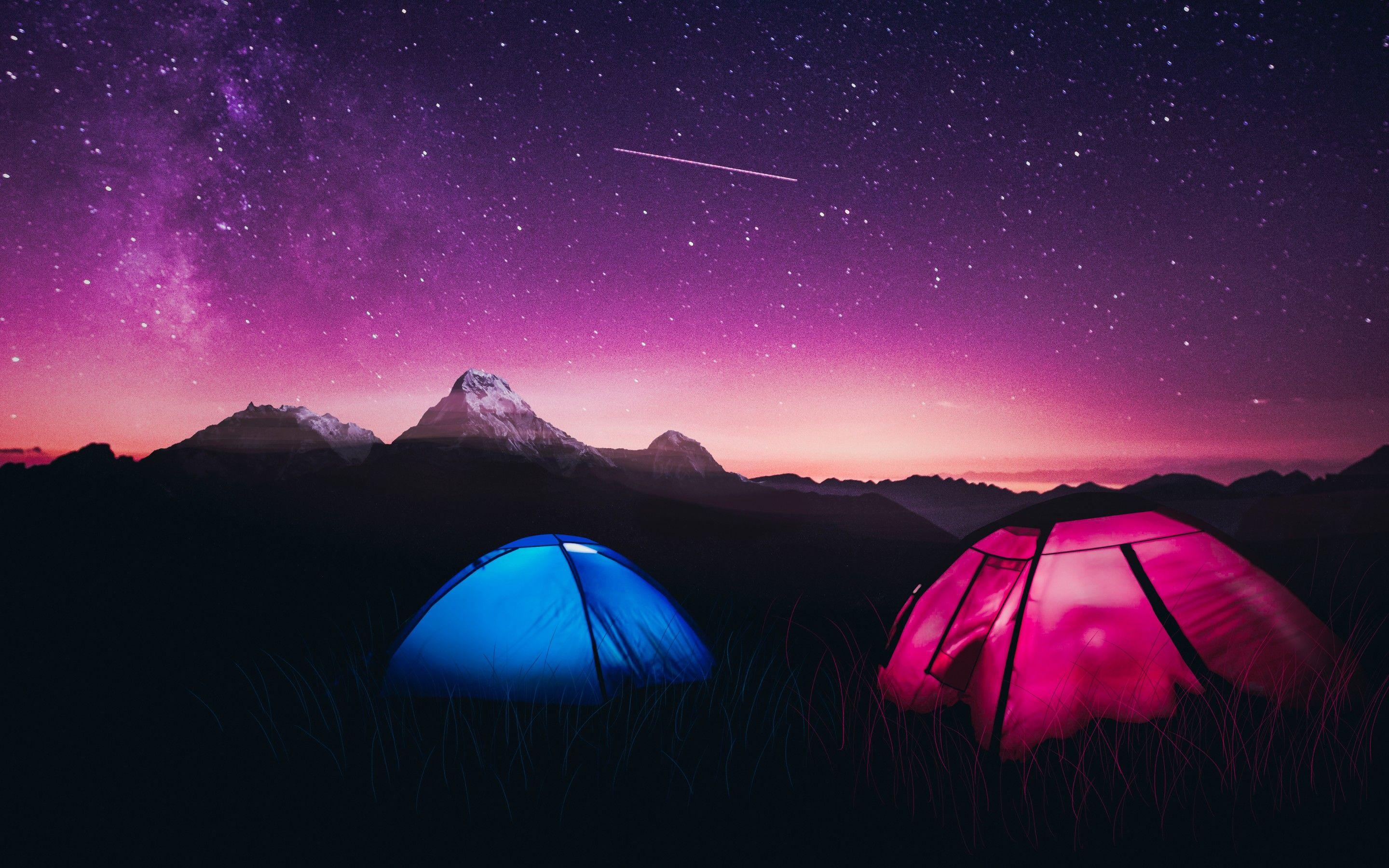 2880x1800 Mountains 4K Wallpaper, Night, Purple sky, Dome tents, Tourists, Starry sky, Nature
