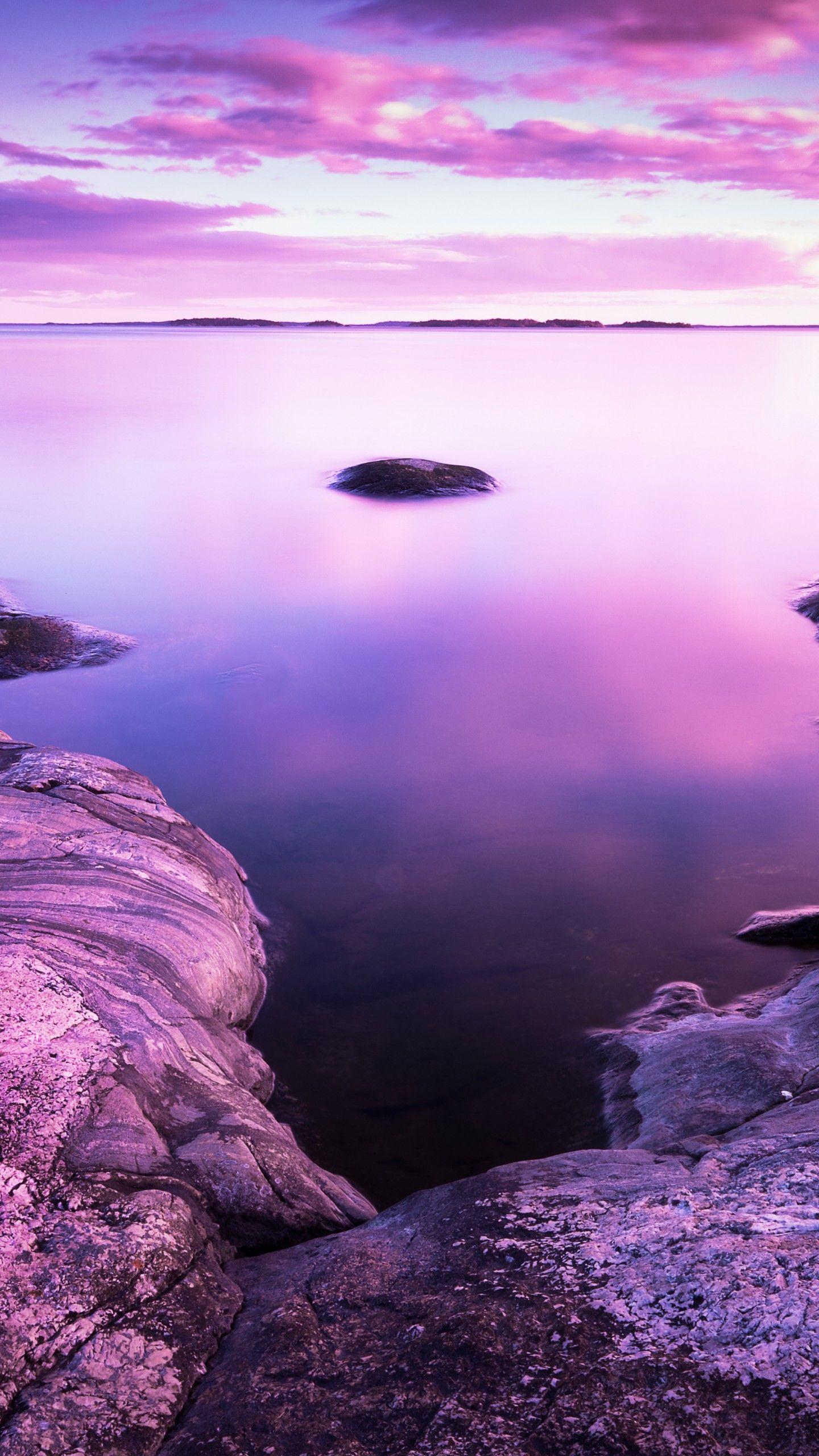 1440x2560 Sunset 4K Wallpaper, Scenery, Rocks, Lake, Purple sky, Pink, 8K, Nature