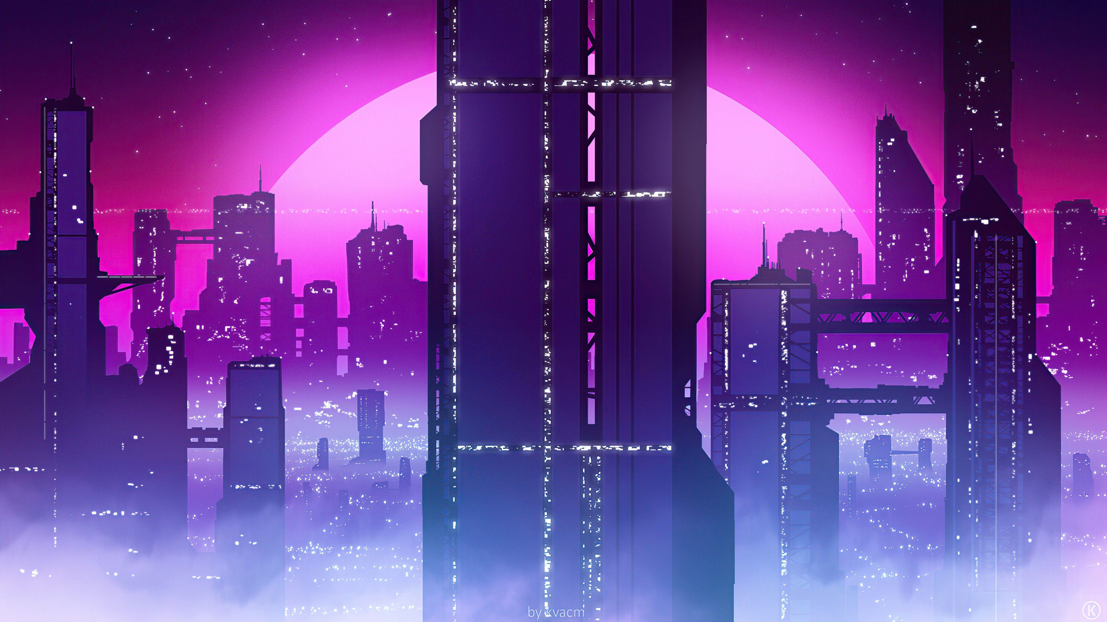 3840x2160 City View Synthwave 4K HD Vaporwave Wallpaper