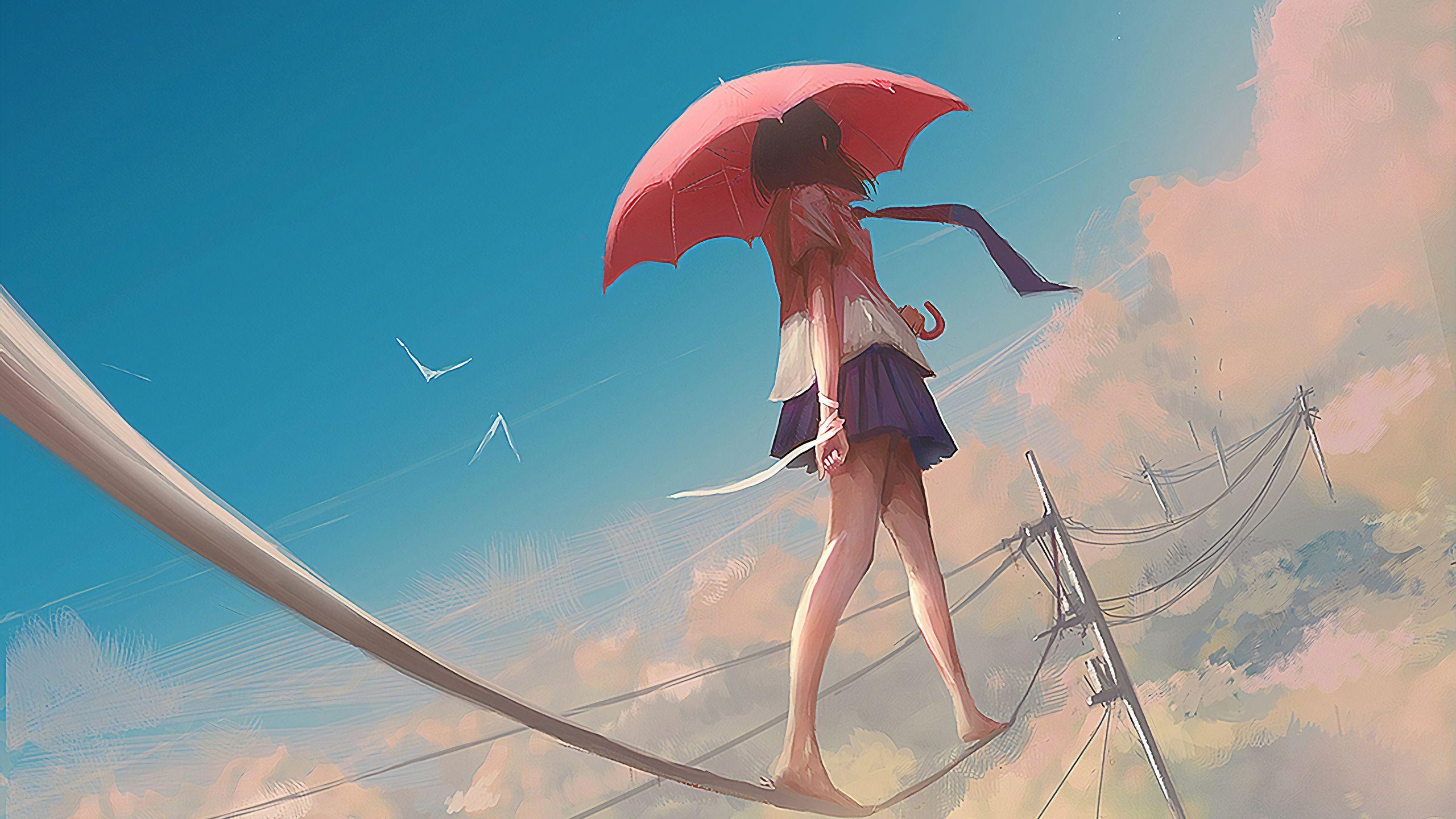 2560x1440 Anime Girl Walking In Rain