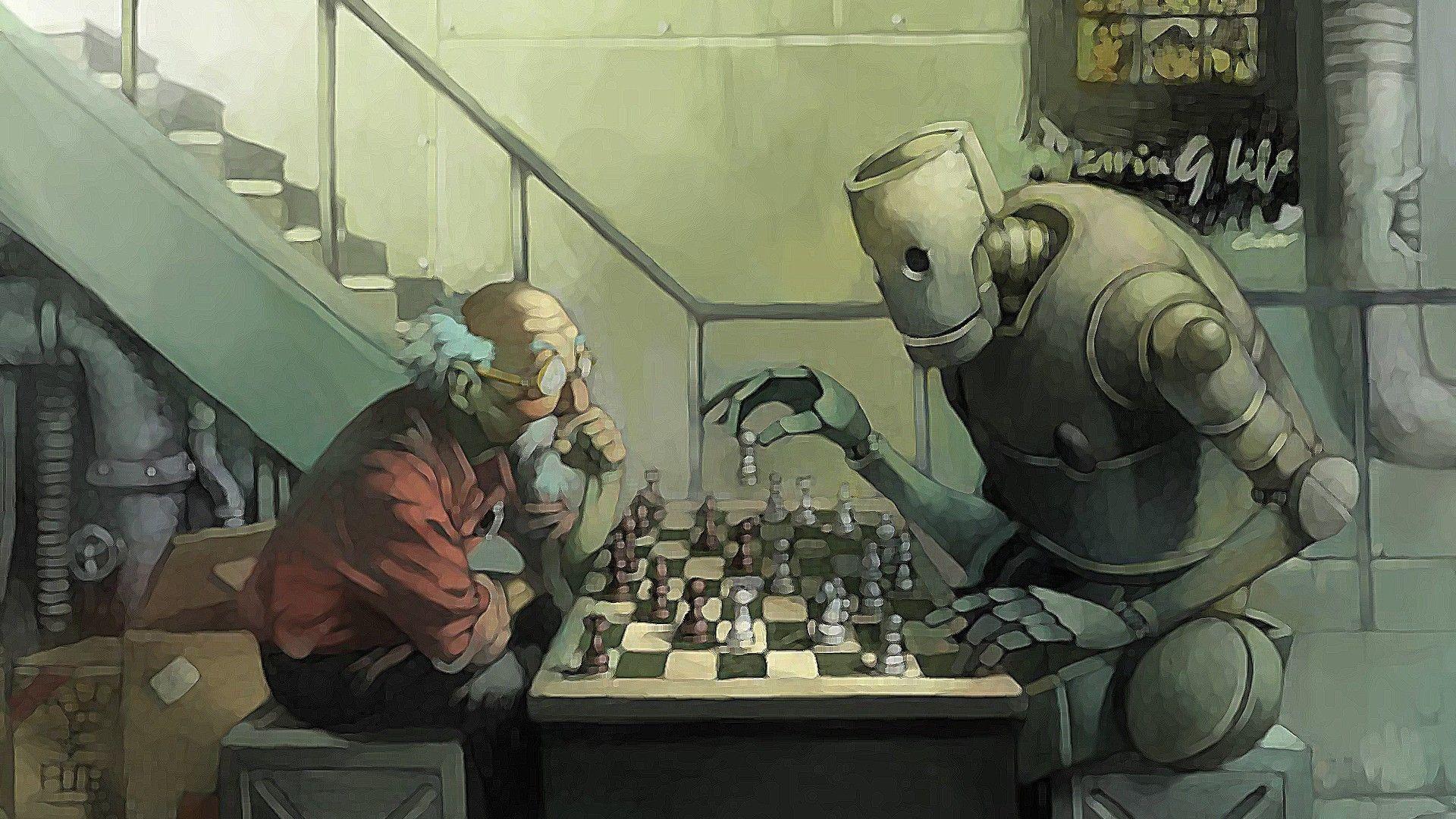 1920x1080 Old man playing chess with a robot Wallpaper. Robots artworks, Art, Robot wallpaper