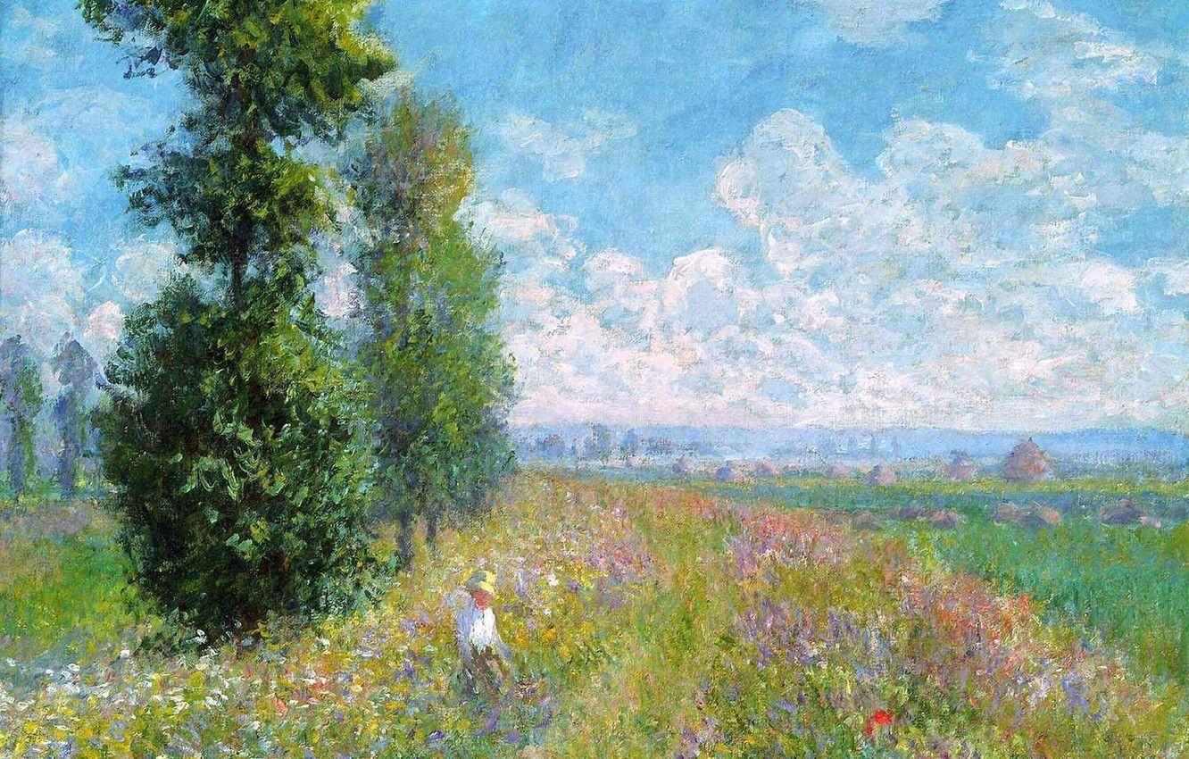1332x850 Wallpaper field, the sky, grass, clouds, trees, landscape, flowers, picture, meadow, Claude Monet, MOP image for desktop, section живопись