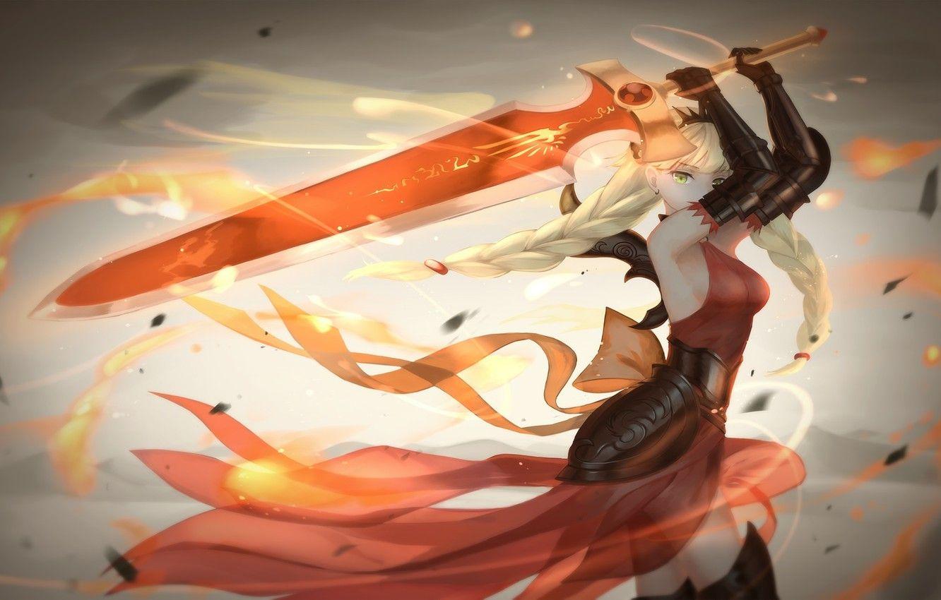 1332x850 Wallpaper girl, weapons, fire, magic, sword, anime, art, valkyrie, tsuru any noki, puzzle and dragons image for desktop, section прочее