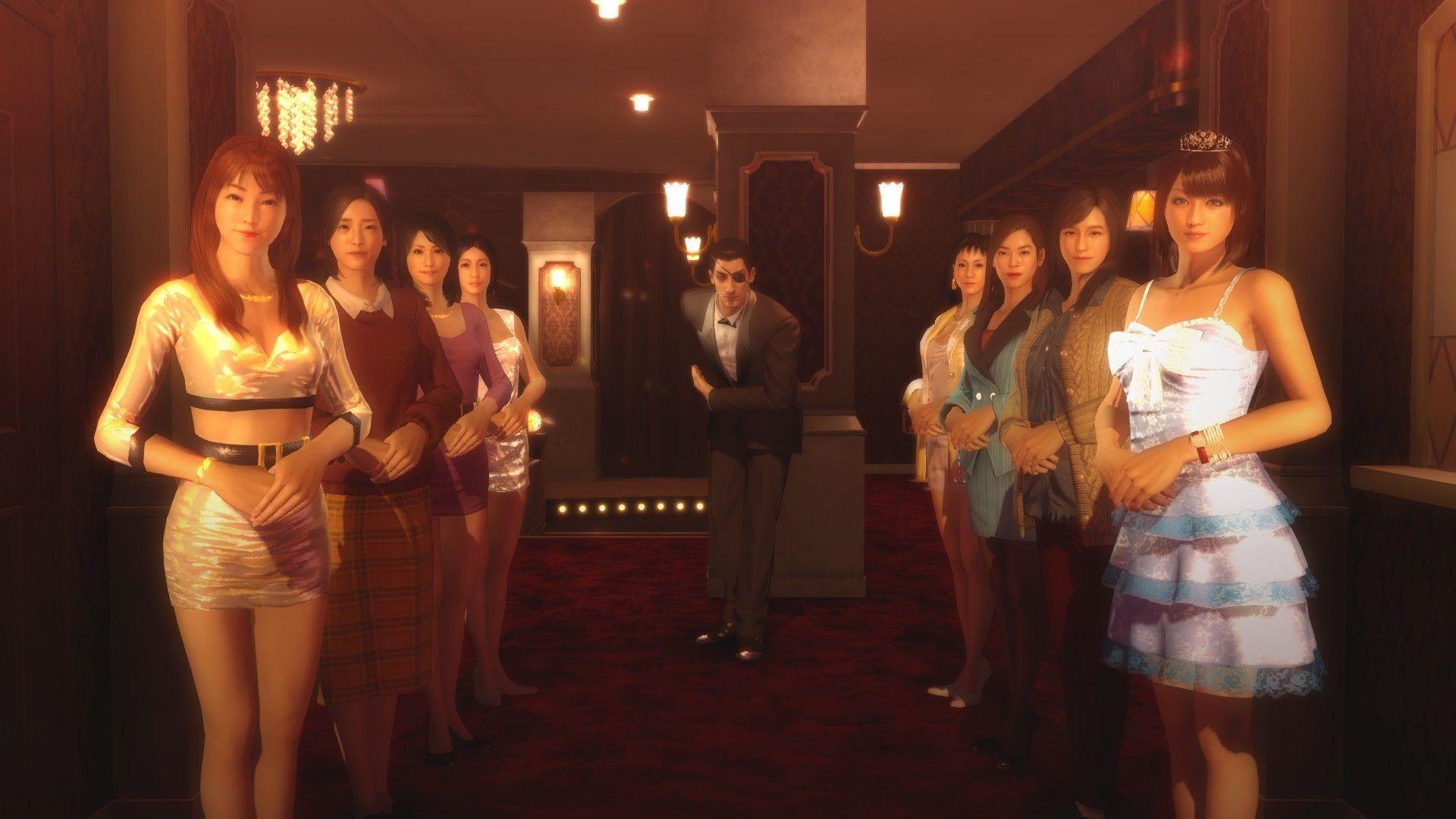 1920x1080 Wallpaper / Idol, Yakuza yakuza, Goro Majima, women, legs, video game girls, video games, Sega, computer, Steam (software), eyepatches, dress, skirt, carpet, bright, Japanese, Japan, jumper, leggings, brunette, redhead