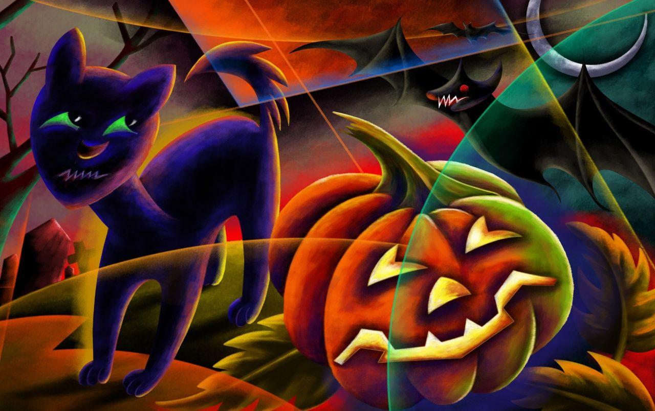 1280x804 Evil Cat Wallpaper Wallpaper With Cats Bats Pumpkins Spider
