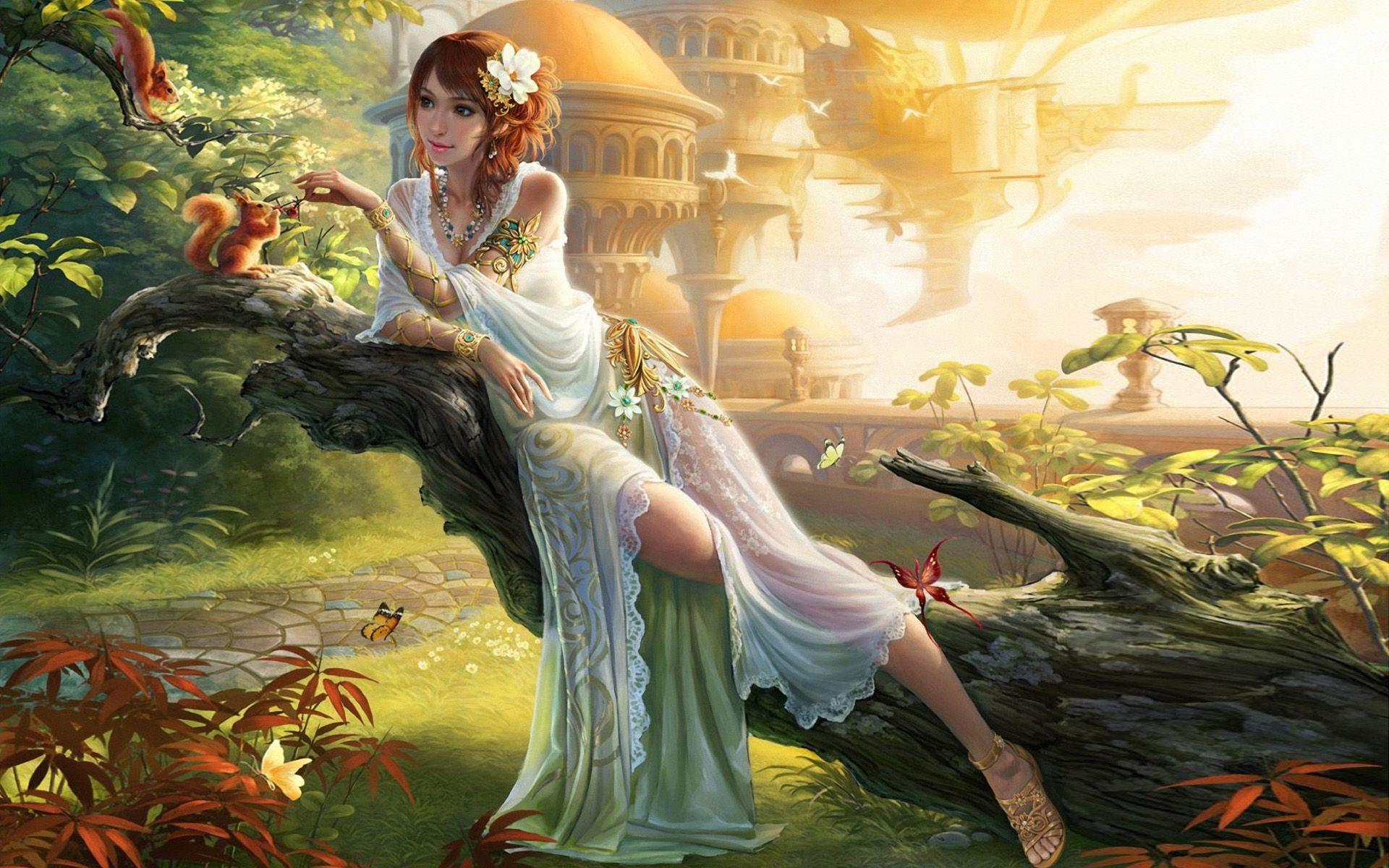 1920x1200 Beautiful girl Princess in beautiful white dress flower in the hair castle garden art Fantasy Wallpaper HD 1920x1200 :