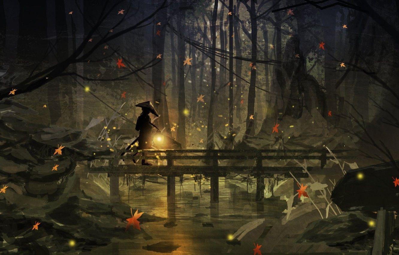 1332x850 Wallpaper autumn, forest, night, fireflies, people, lantern image for desktop, section живопись