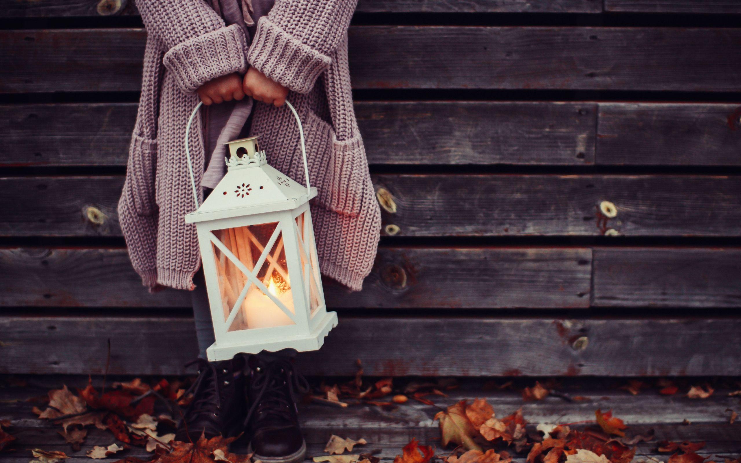 2560x1600 Download wallpaper: Autumn leaves and a child with lantern 2560x1600