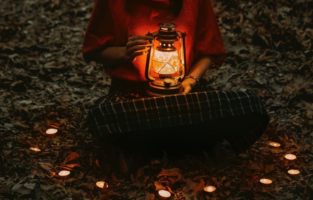1332x850 Wallpaper autumn, leaves, girl, light, candles, lantern image for desktop, section настроения
