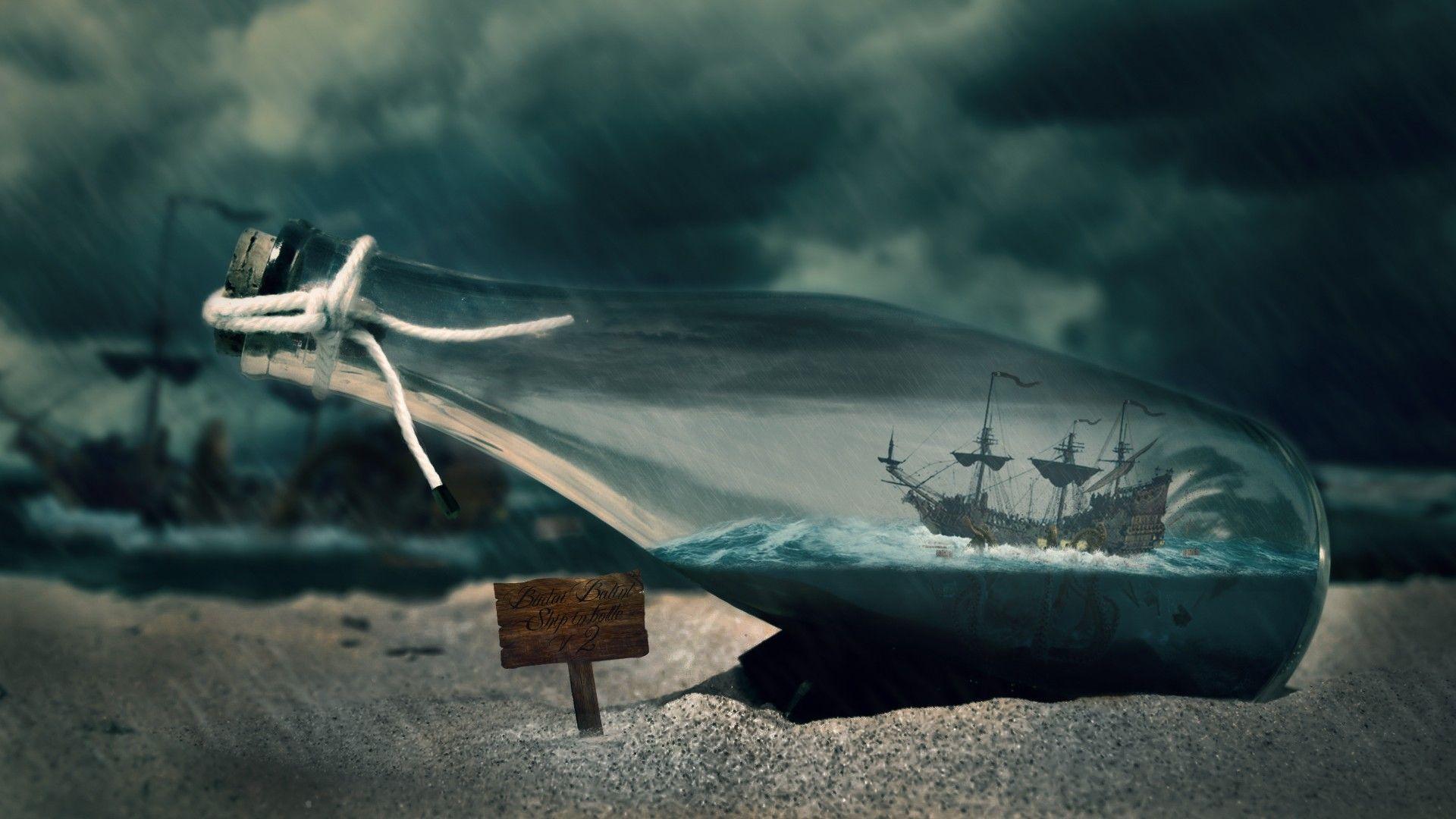 1920x1080 sea, pirates, tables, bottles, Kraken, ship in bottle, storm, ships, waves, sand, water wallpaper