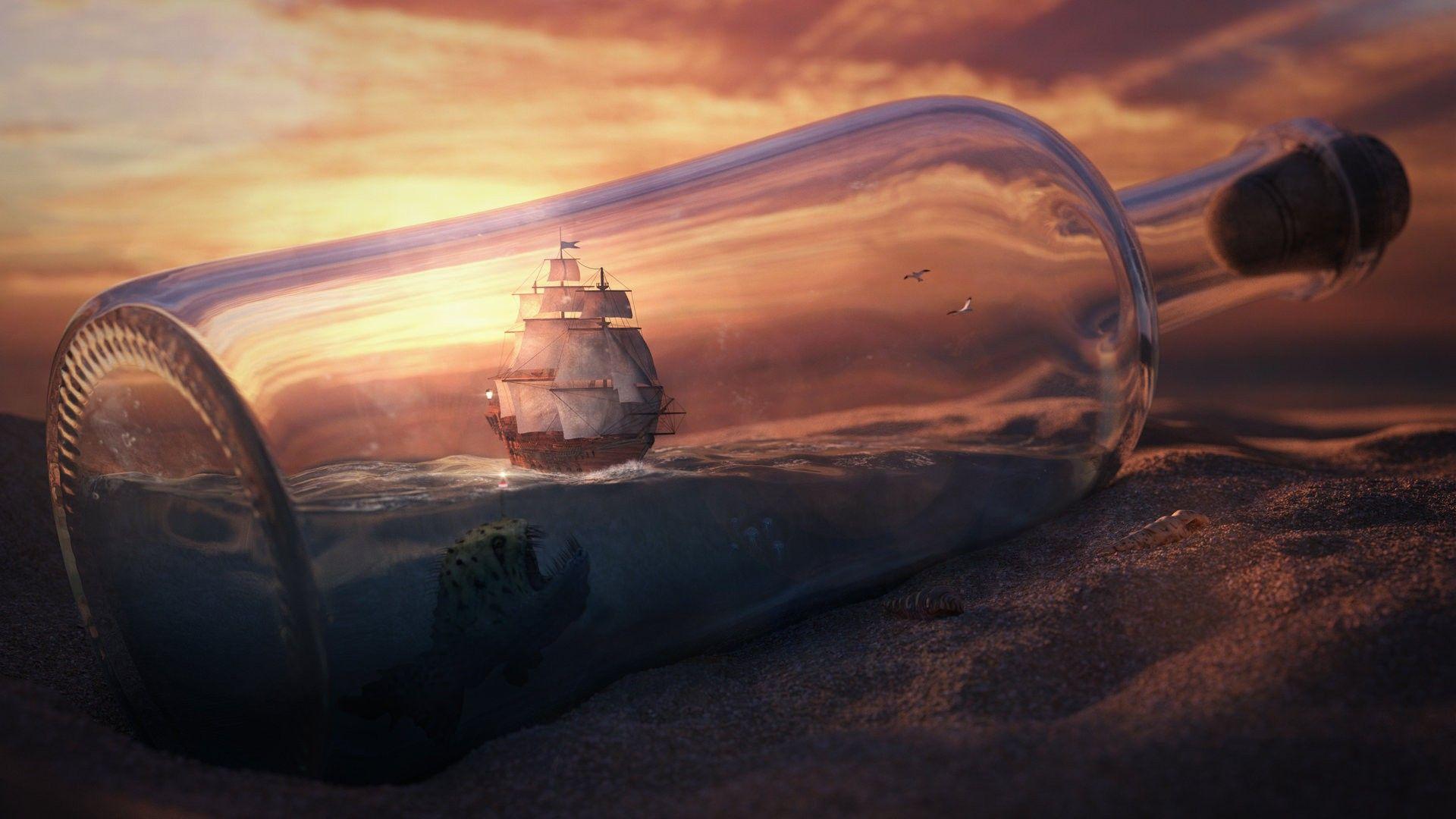 1920x1080 Sea Monster and the ship in a bottle wallpaper and image, picture, photo