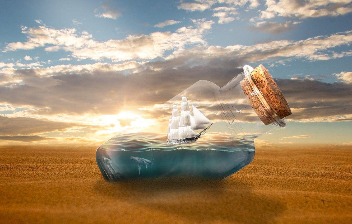 1332x850 Wallpaper sand, sea, the sky, glass, the sun, clouds, light, rendering, fantasy, shore, ship, bottle, seagulls, sailboat, shark, the ship image for desktop, section рендеринг