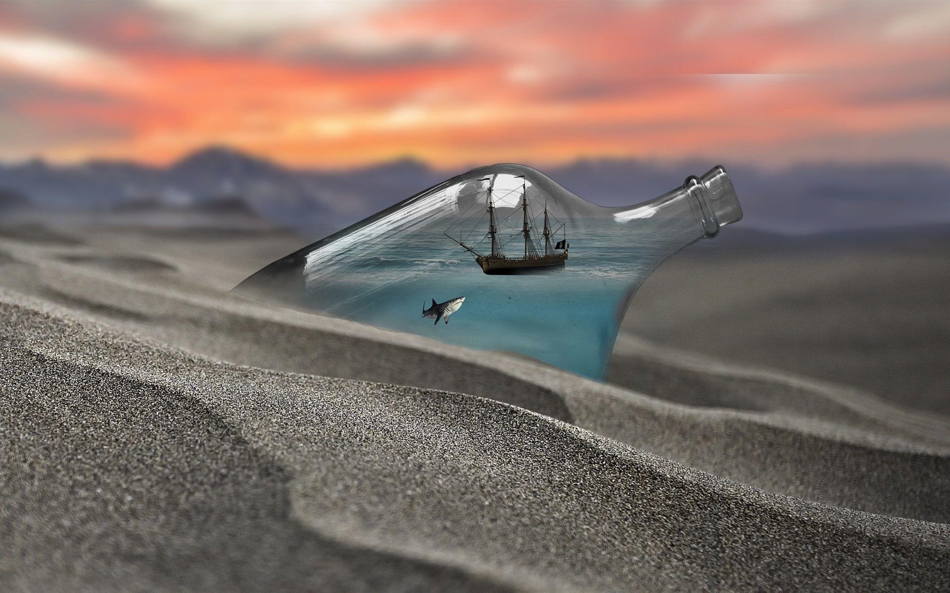 1920x1200 Wallpaper Bottle, Shark, Ship, Beach, Creative Picture In A Bottle HD
