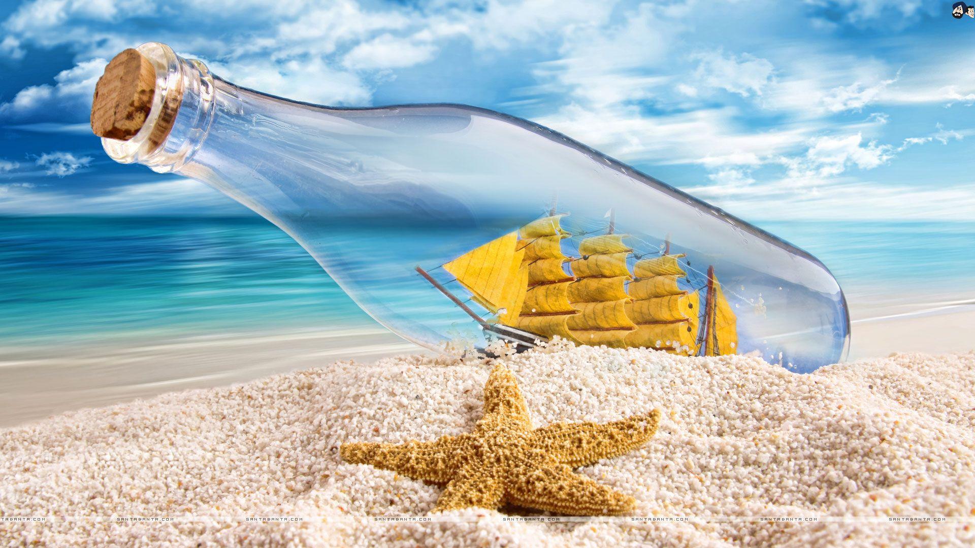 1920x1080 Ship in a Bottle lying next to Star Fish