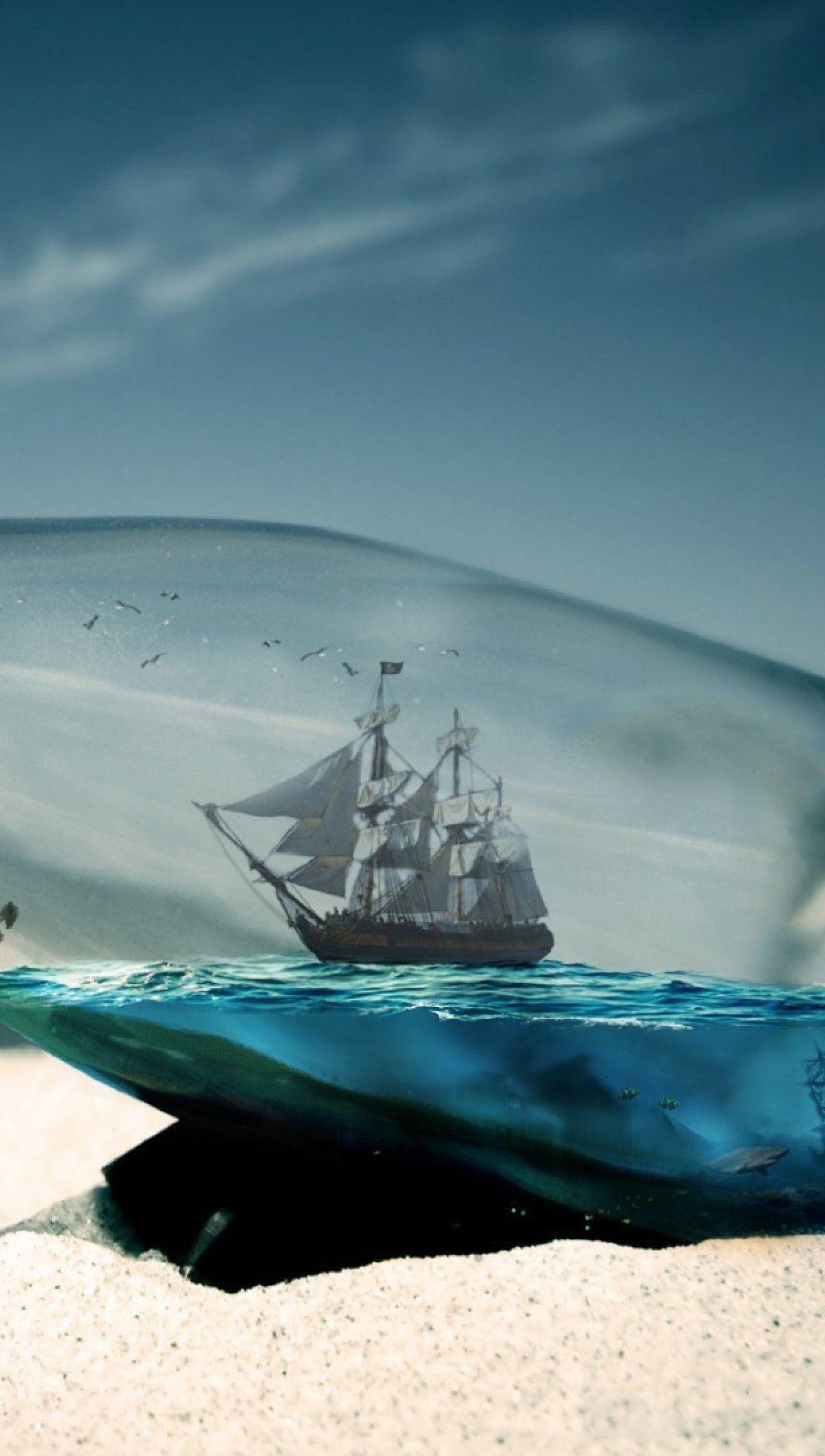 1360x2400 Ship in the sea inside a bottle Wallpaper 4k Ultra HD