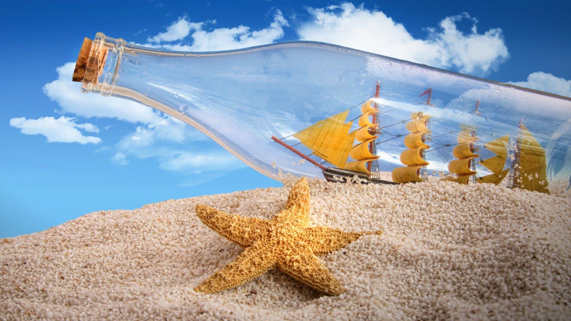 1920x1080 Sand starfish bottle cork ship sail sky clouds creative beaches bokeh glass tropical toys model wallpaperx1080