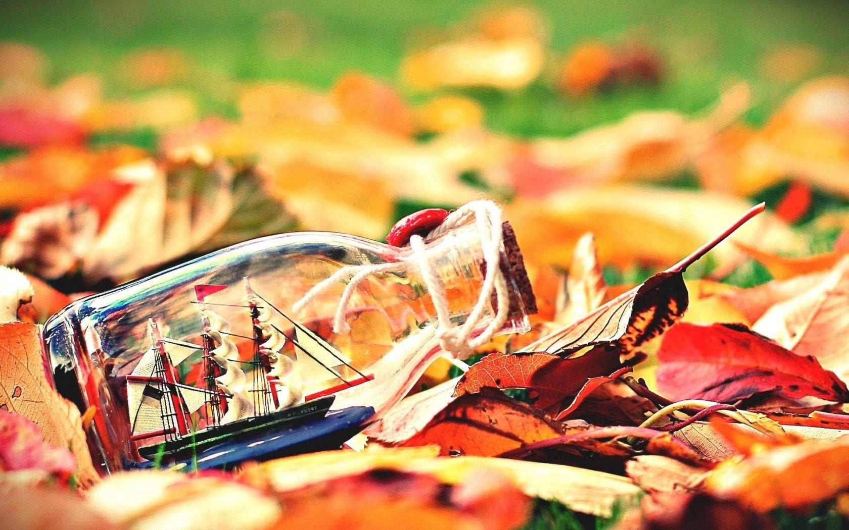 1680x1050 Mood Leaves Bottle Boat Ship Sail Autumn Nature