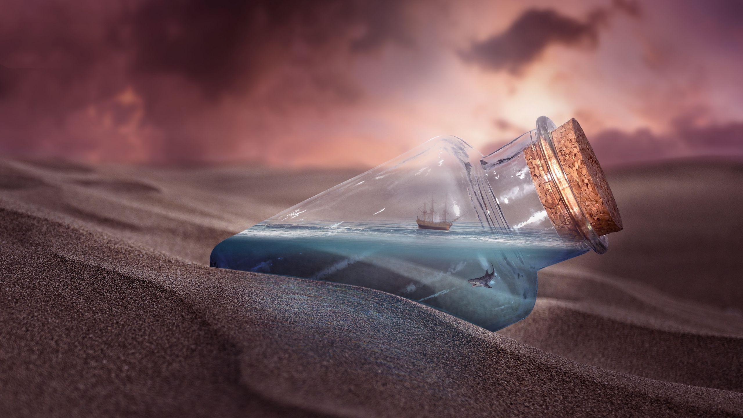 2560x1440 Desktop Wallpaper Bottle, Ship, Sand, Fantasy, HD Image, Picture, Background, V0ubsi
