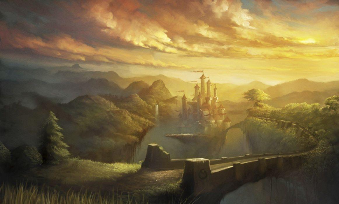 1162x700 Fantasy art digital art artwork pixelated abstract clouds bridge castle trees hills fall abandoned mist wallpaperx904