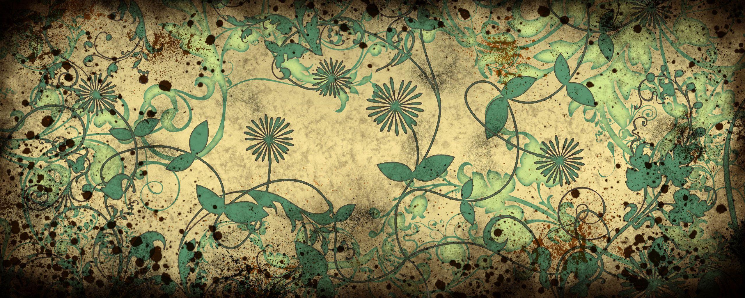 2560x1024 flowers, grunge, leaves, design, patterns, plants wallpaper