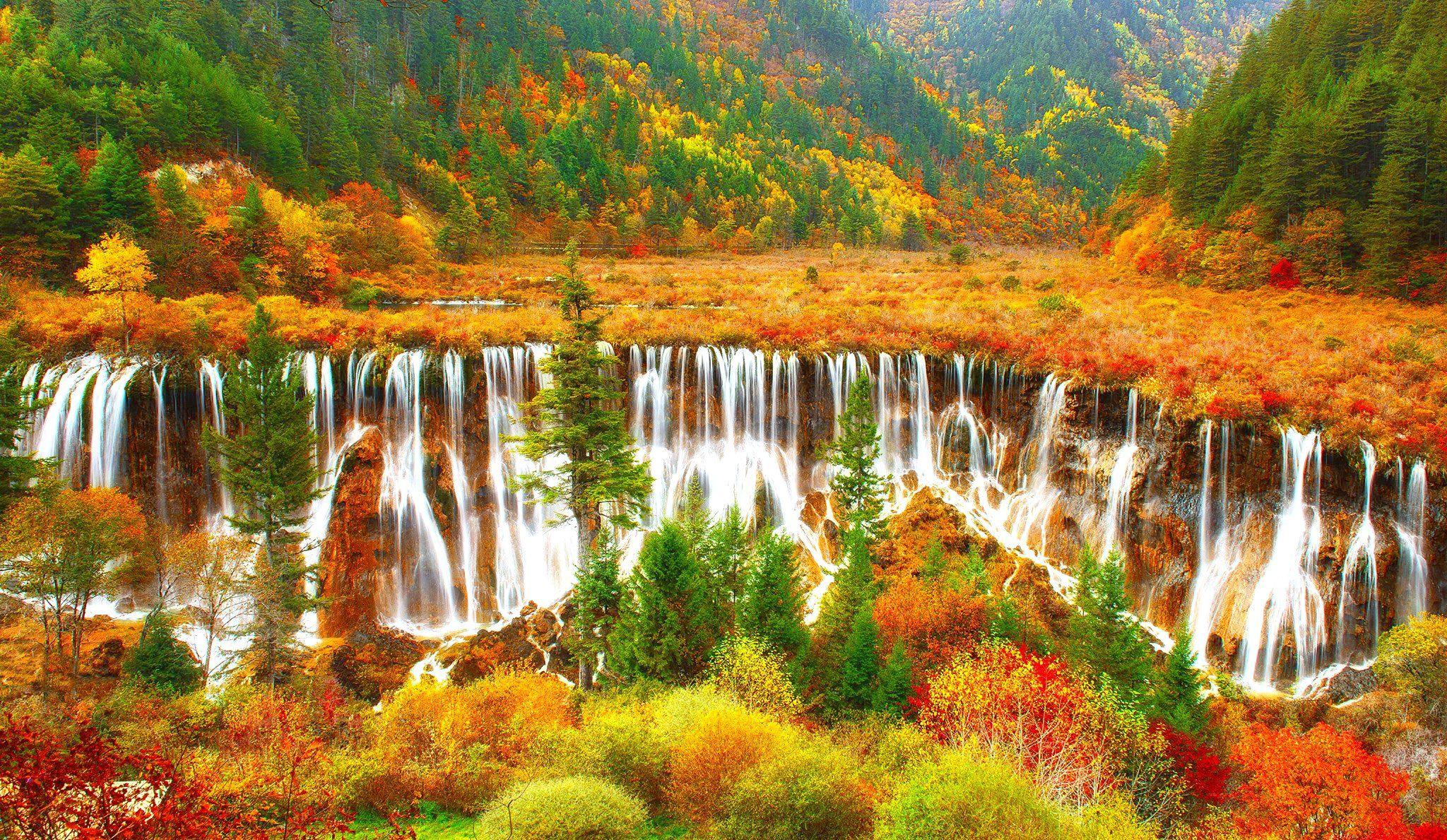 2048x1189 Colorful nature cascades beautiful autumn view mountain waterfall trees foliage wallpaperx1189