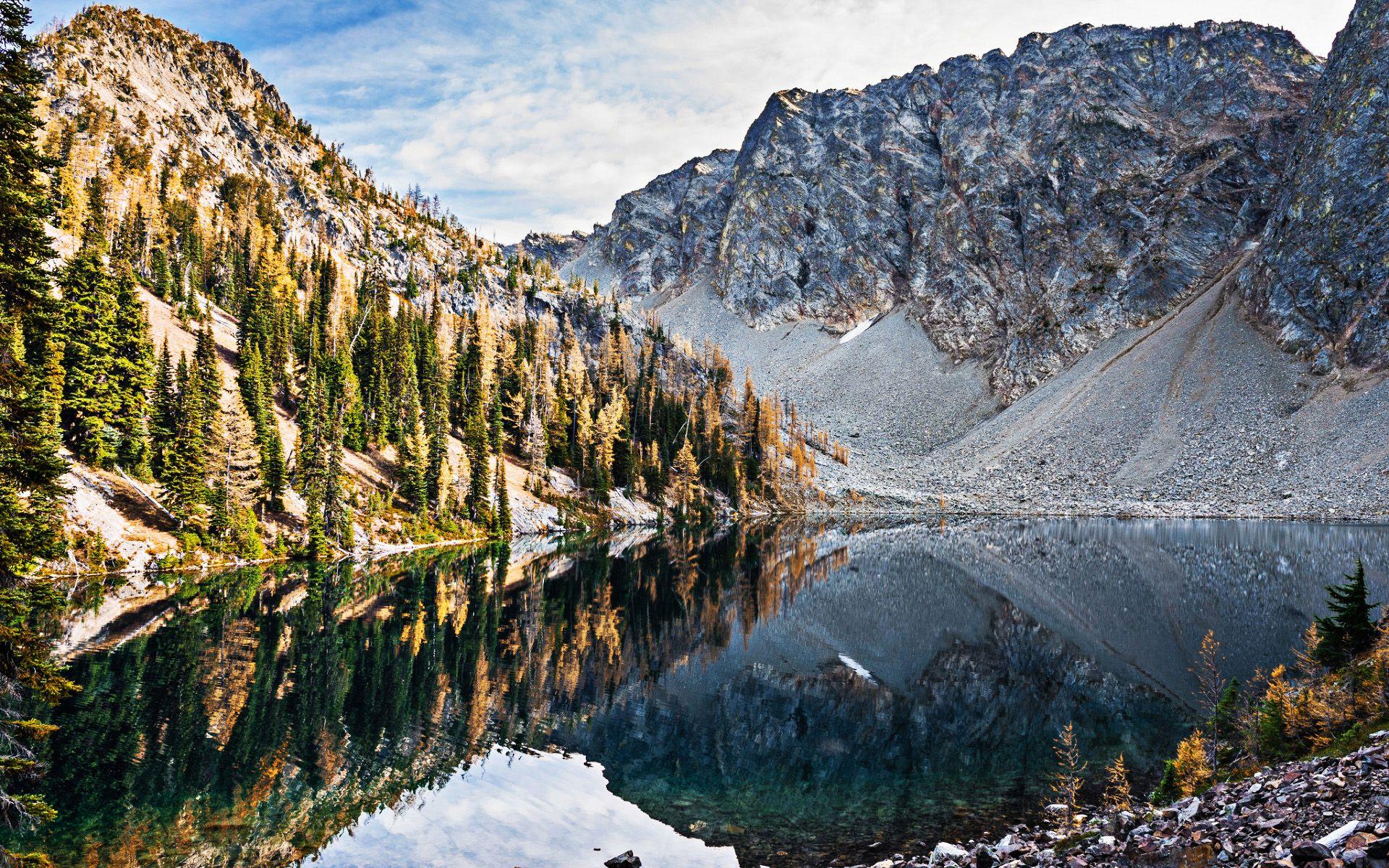 1920x1200 Download wallpaper Blue Lake, american landmarks, beautiful nature, mountains, North Cascades National Park, Washington, USA, America, HDR for desktop with resolution 1920x1200. High Quality HD picture wallpaper