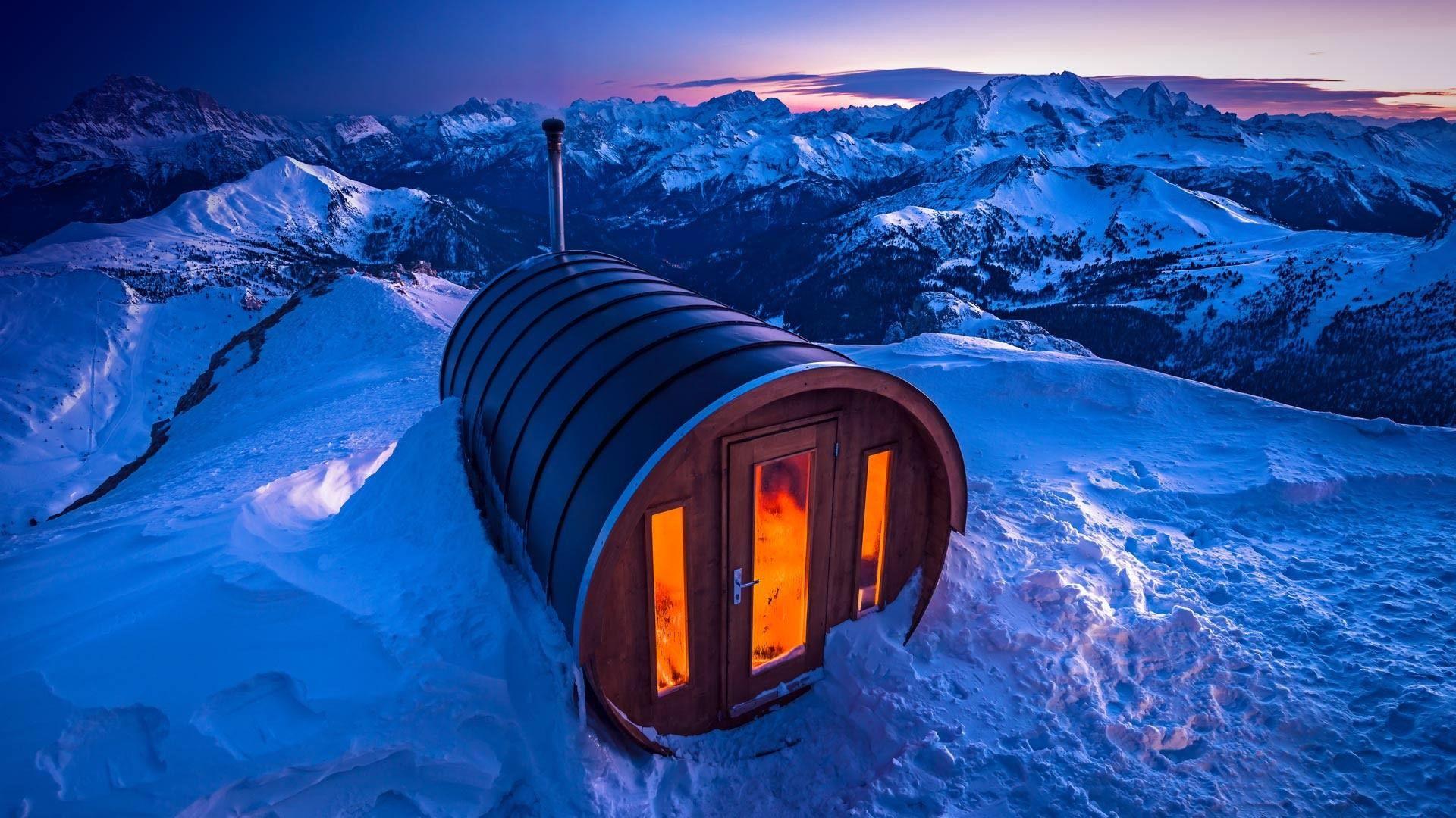 1920x1080 Wallpaper Italy, Dolomites, sauna house, snow, winter 1920x1080 Full HD 2K Picture, Image