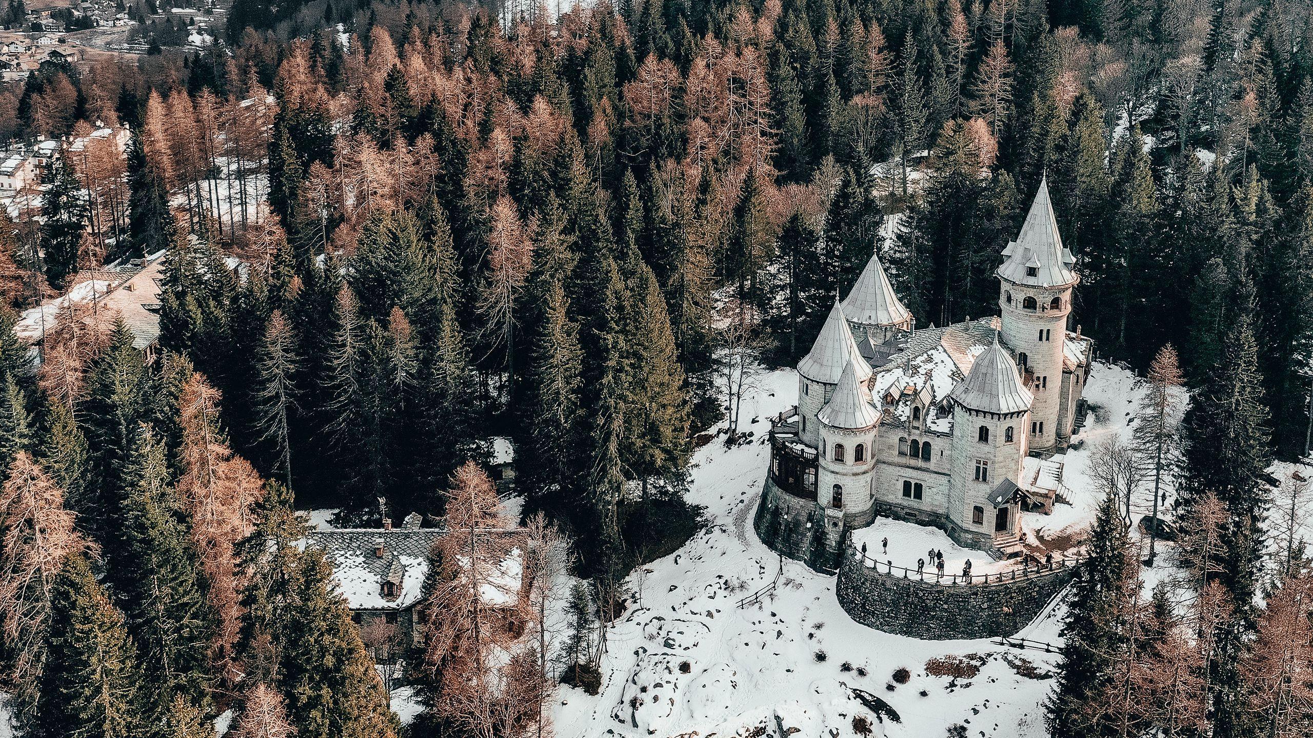 2560x1440 Download wallpaper 2560x1440 castle, aerial view, winter, snow, trees, forest, italy widescreen 16:9 HD background