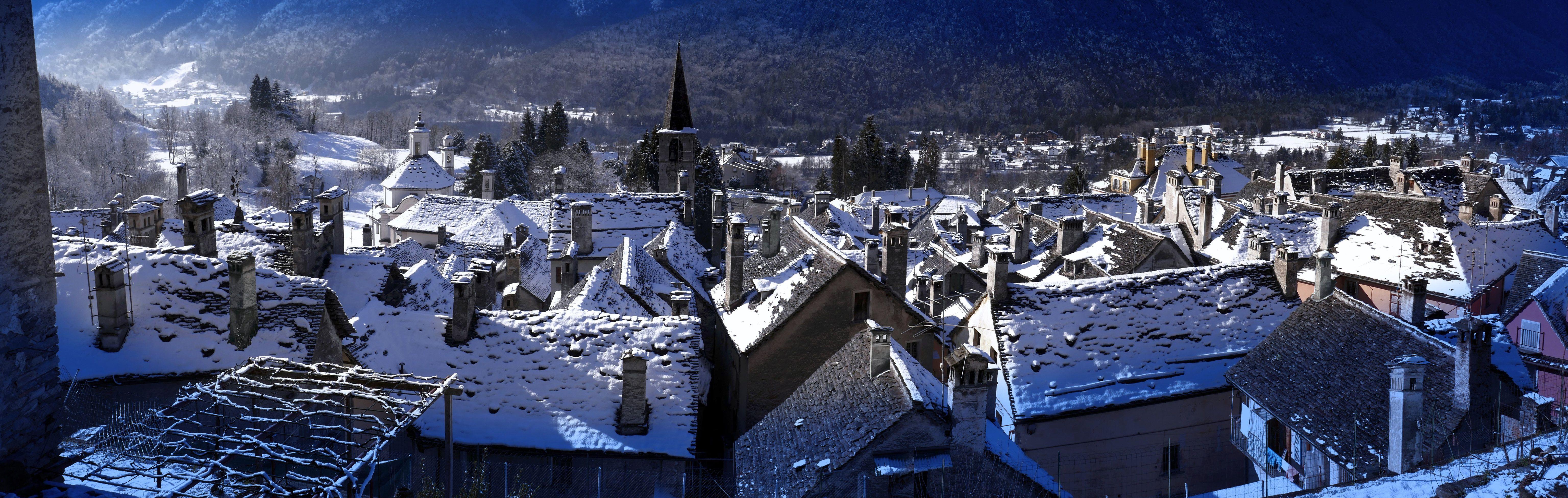 6144x1951 Desktop Wallpaper Italy Craveggia, Piedmont Roof Winter 6144x1951