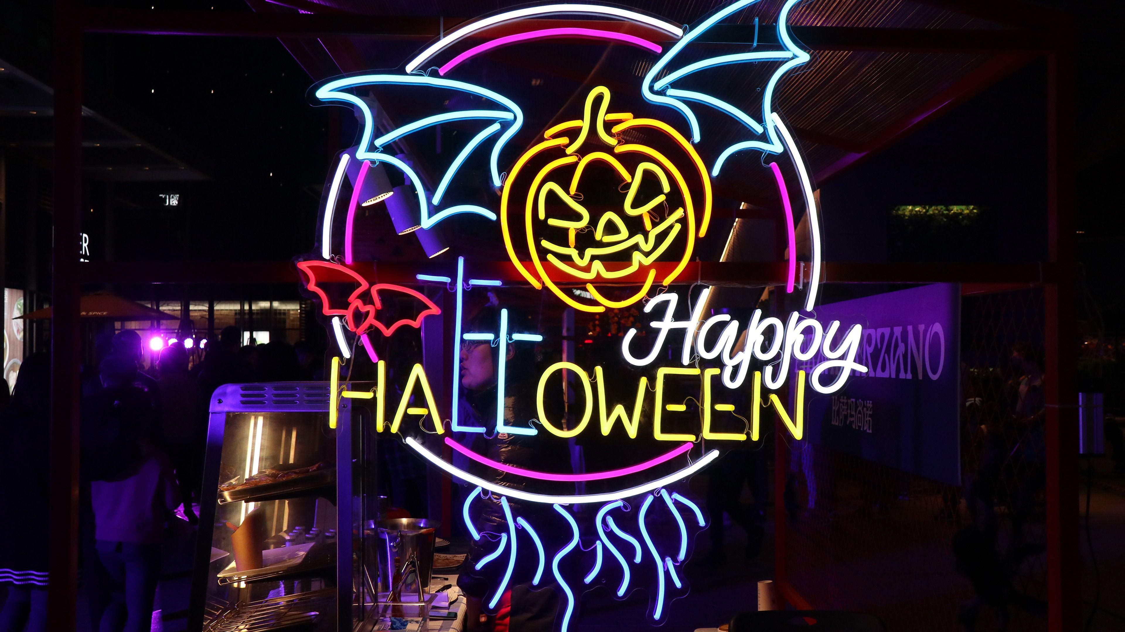 3840x2160 Happy Halloween Pumpkin Lantern Neon Light 4k Wallpaper
