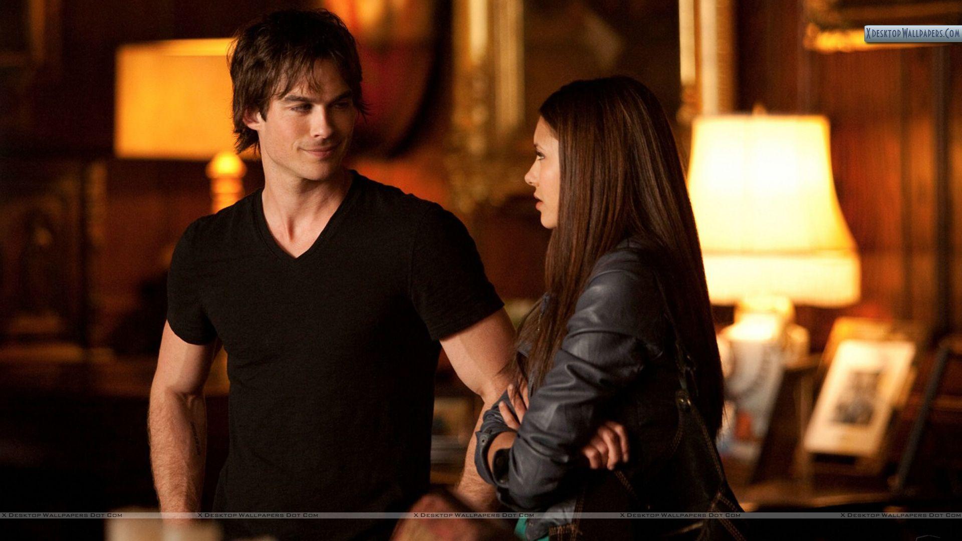 1920x1080 Damon Talking with Elena in Library Wallpaper
