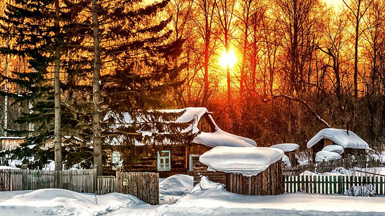 1280x719 image Rays of light Nature Winter Snow Fence Trees Houses Seasons