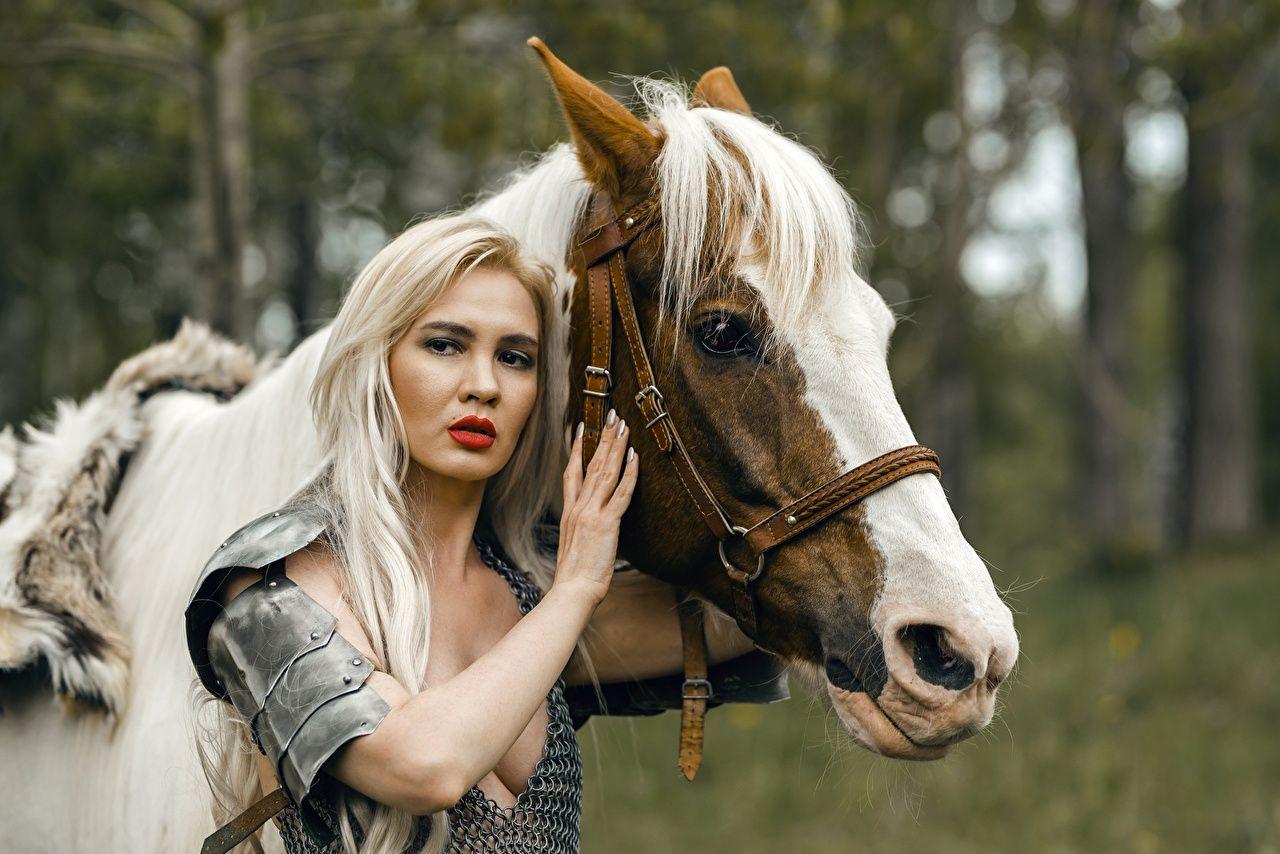 1280x854 Desktop Wallpaper Armor Horses Blonde girl Warriors Two Girls Hands