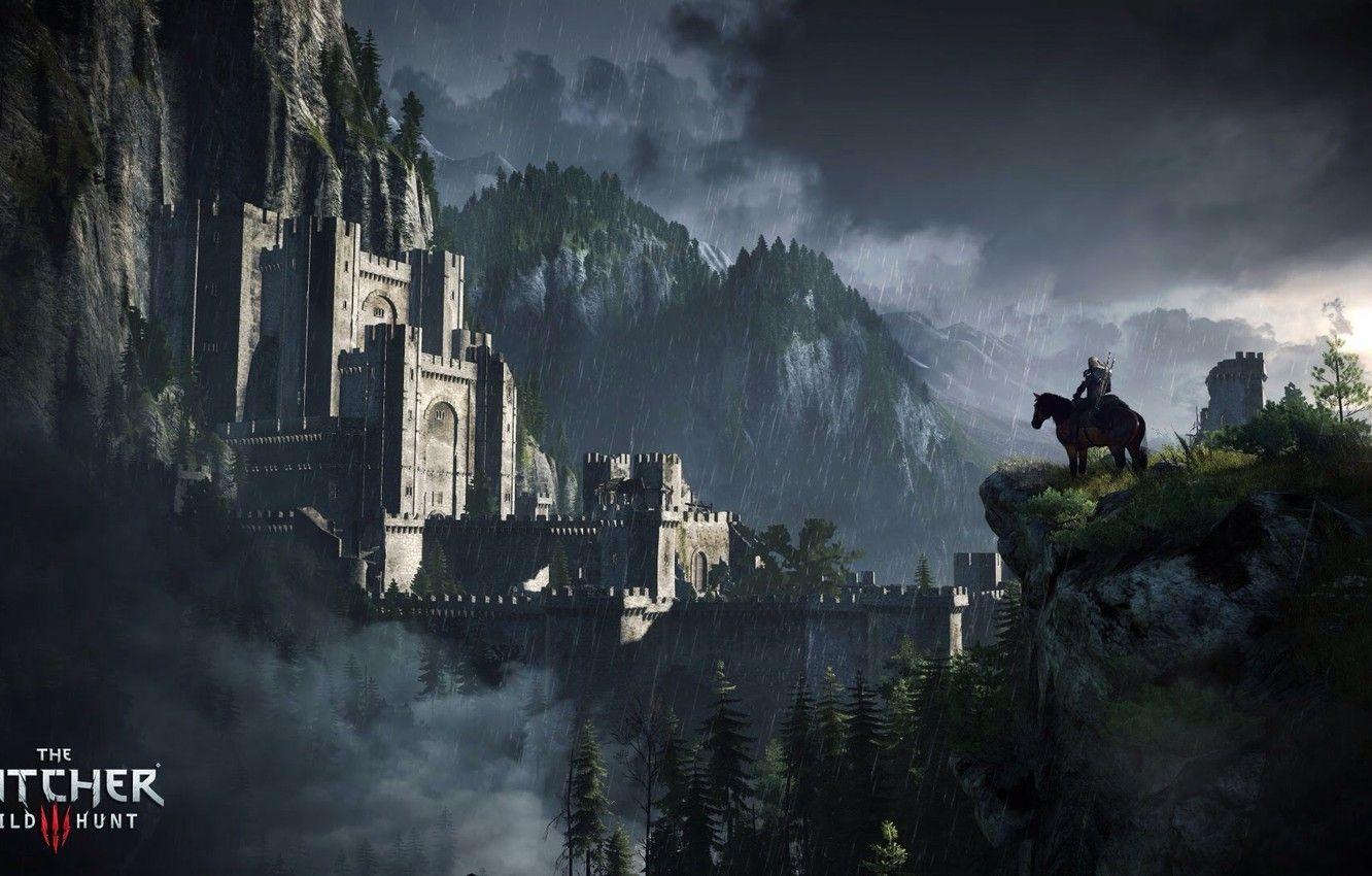 1332x850 Wallpaper trees, rain, horse, fortress, the Witcher, Geralt, The Witcher 3: Wild Hunt, Kaer Morhen, Roach, Kaer Morhen, The Witcher 3: Wold Hunt image for desktop, section игры