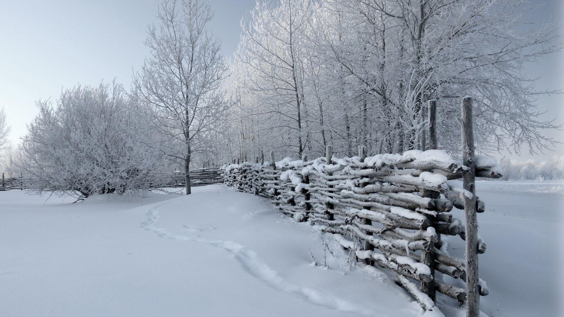 1920x1080 Download Wallpaper 1920x1080 fence, snow, winter, tracks, cover Full