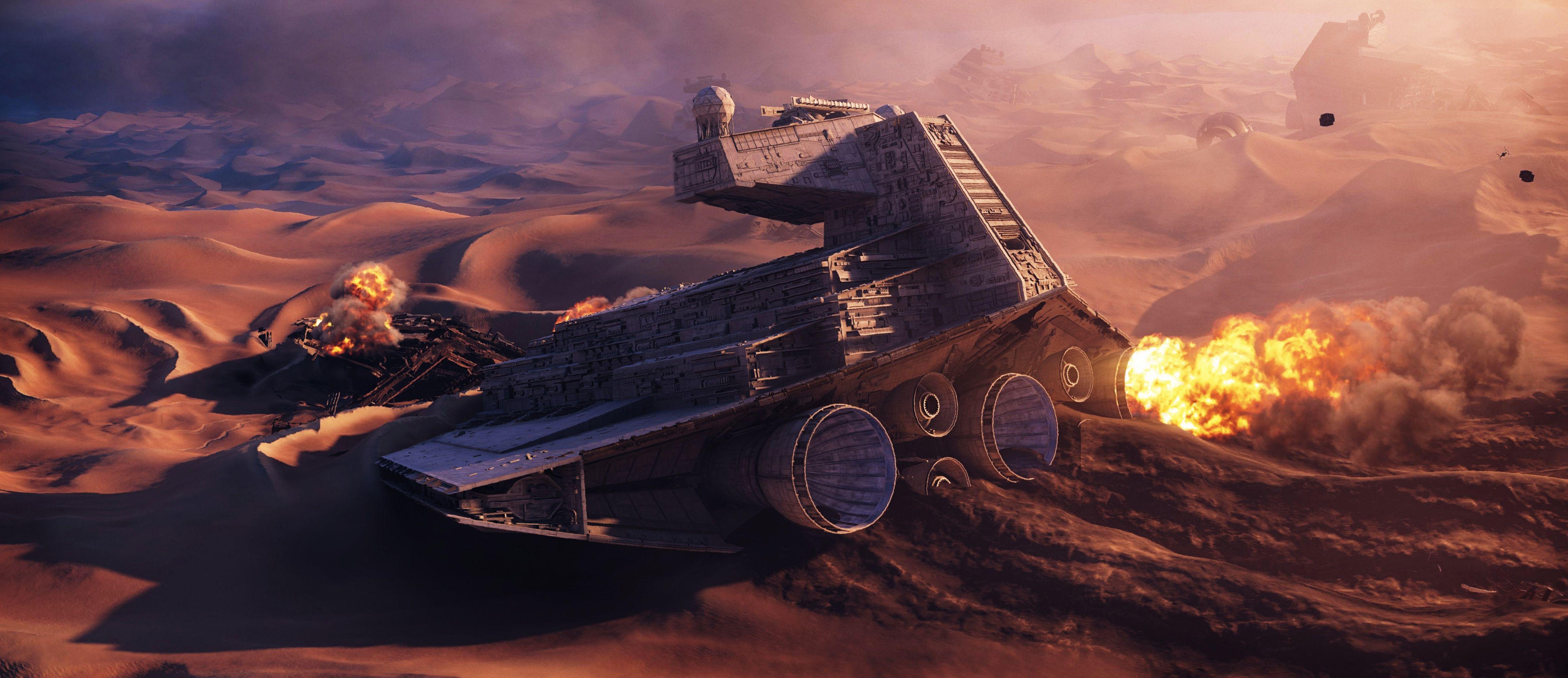 4800x2075 Star Wars Star Destroyer TiE Fighter Sand Desert Crash Star Wars Ships Wreck Imperial Forces Wallpaper:4800x2075