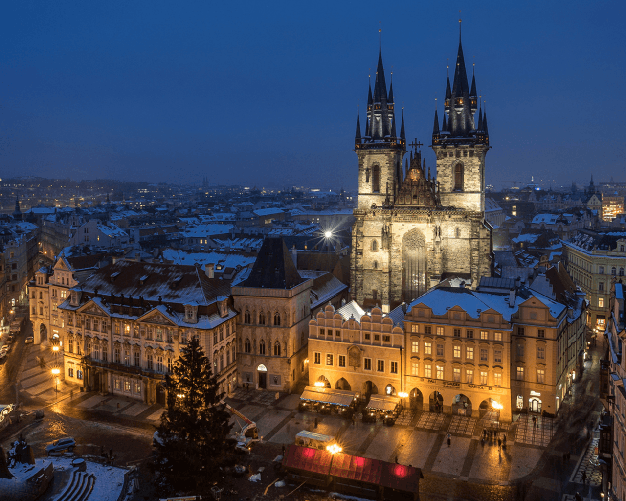 1280x1024 Download 1280x1024 church of our lady before tyn, prague, christmas, twilight, city, night, czech republic Wallpaper