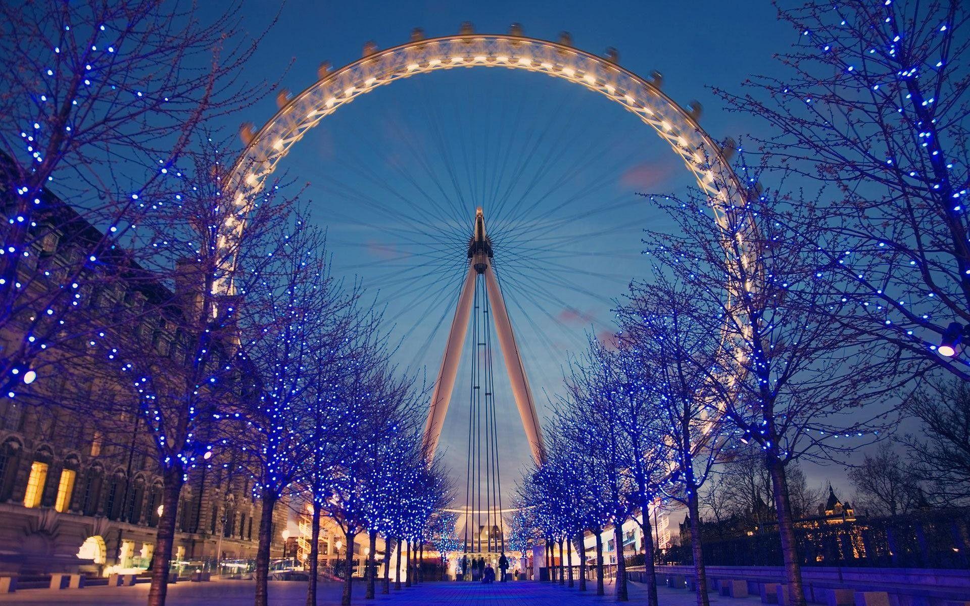 1920x1200 Trees London buildings London Eye ferris wheels United Kingdom Christmas lights wallpaperx1200