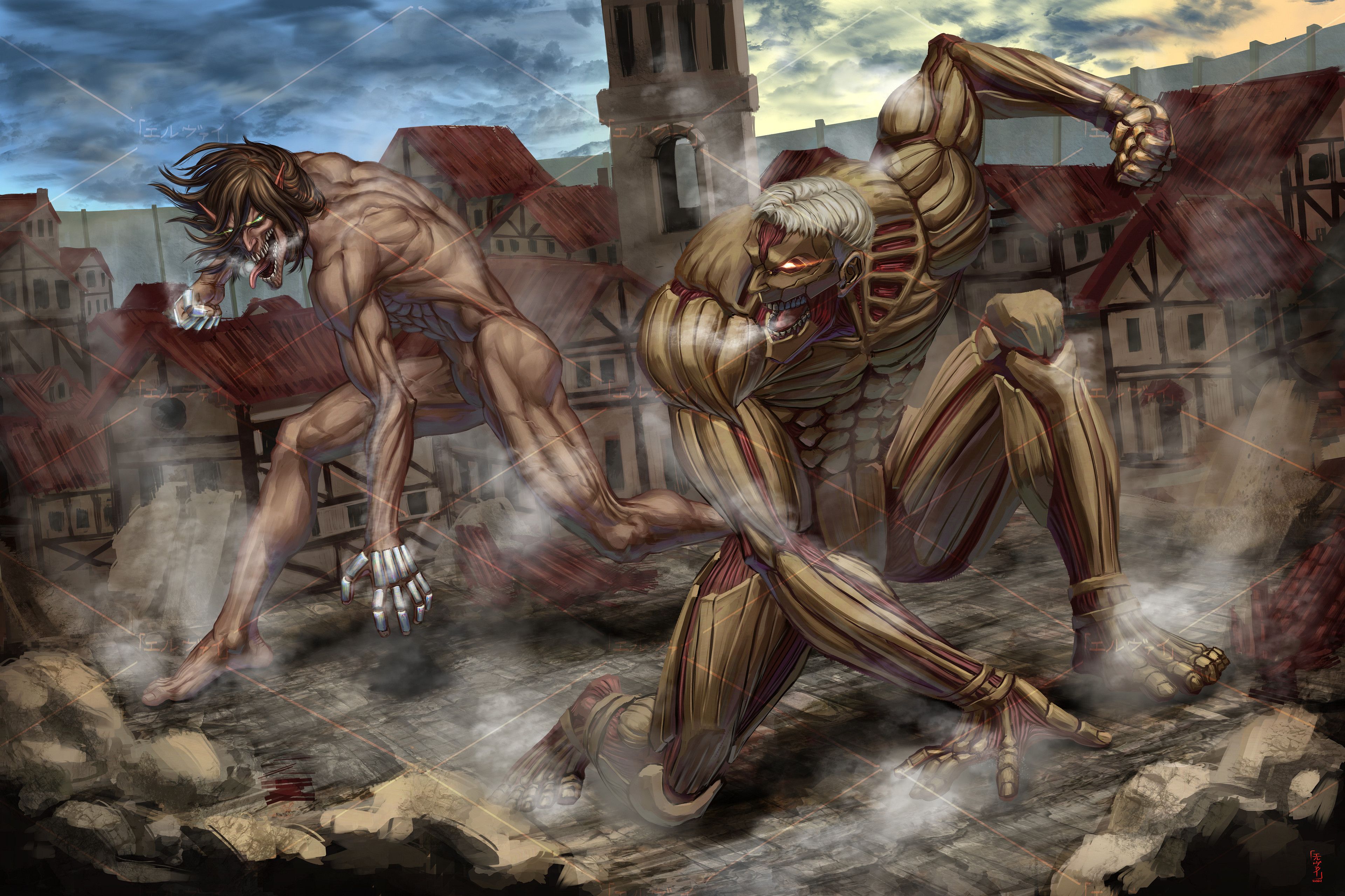 3840x2560 4K Ultra HD Clash: Armored Titan Reiner vs Eren Yeager