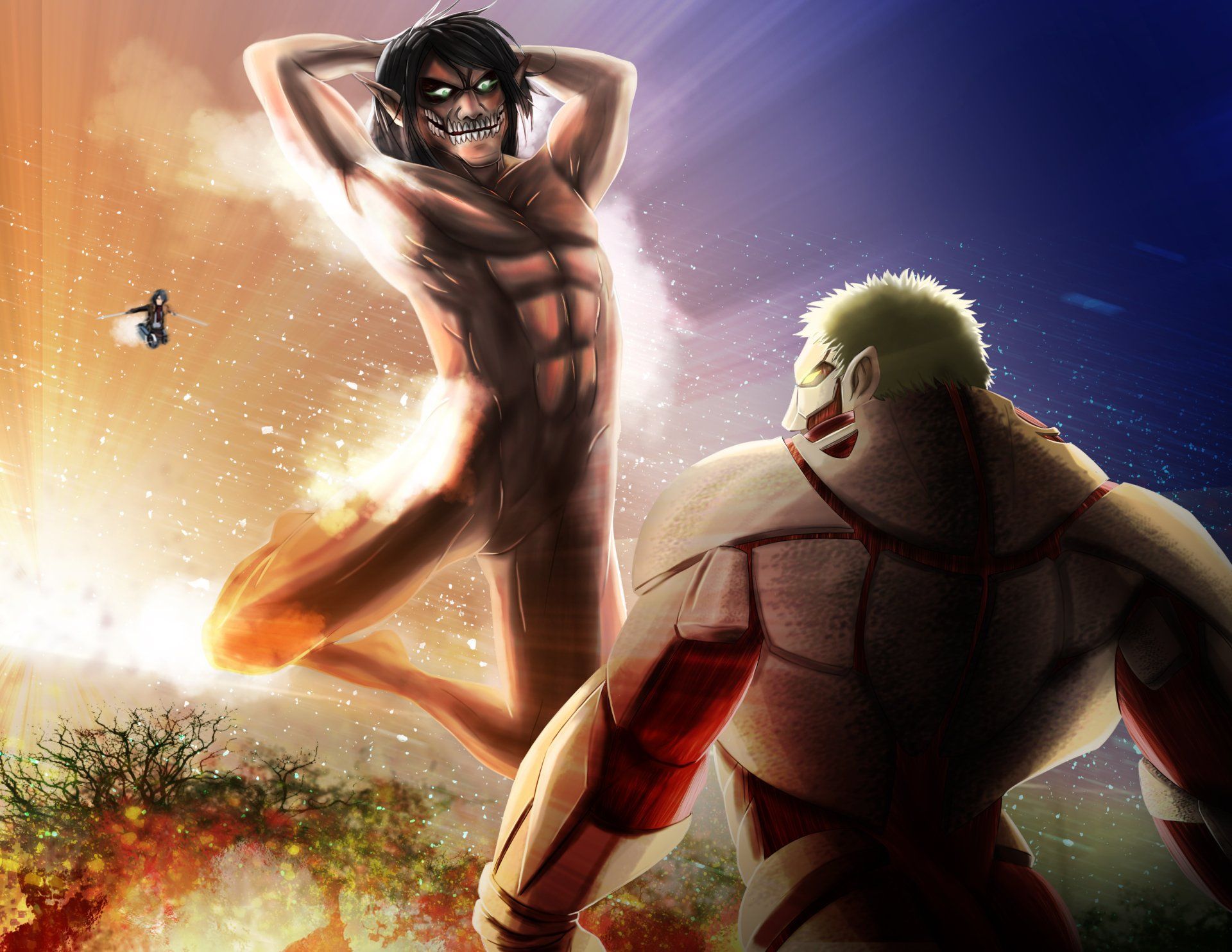 1920x1484 Epic Showdown: Reiner vs Eren with Mikasa. Attack on Titan HD Wallpaper