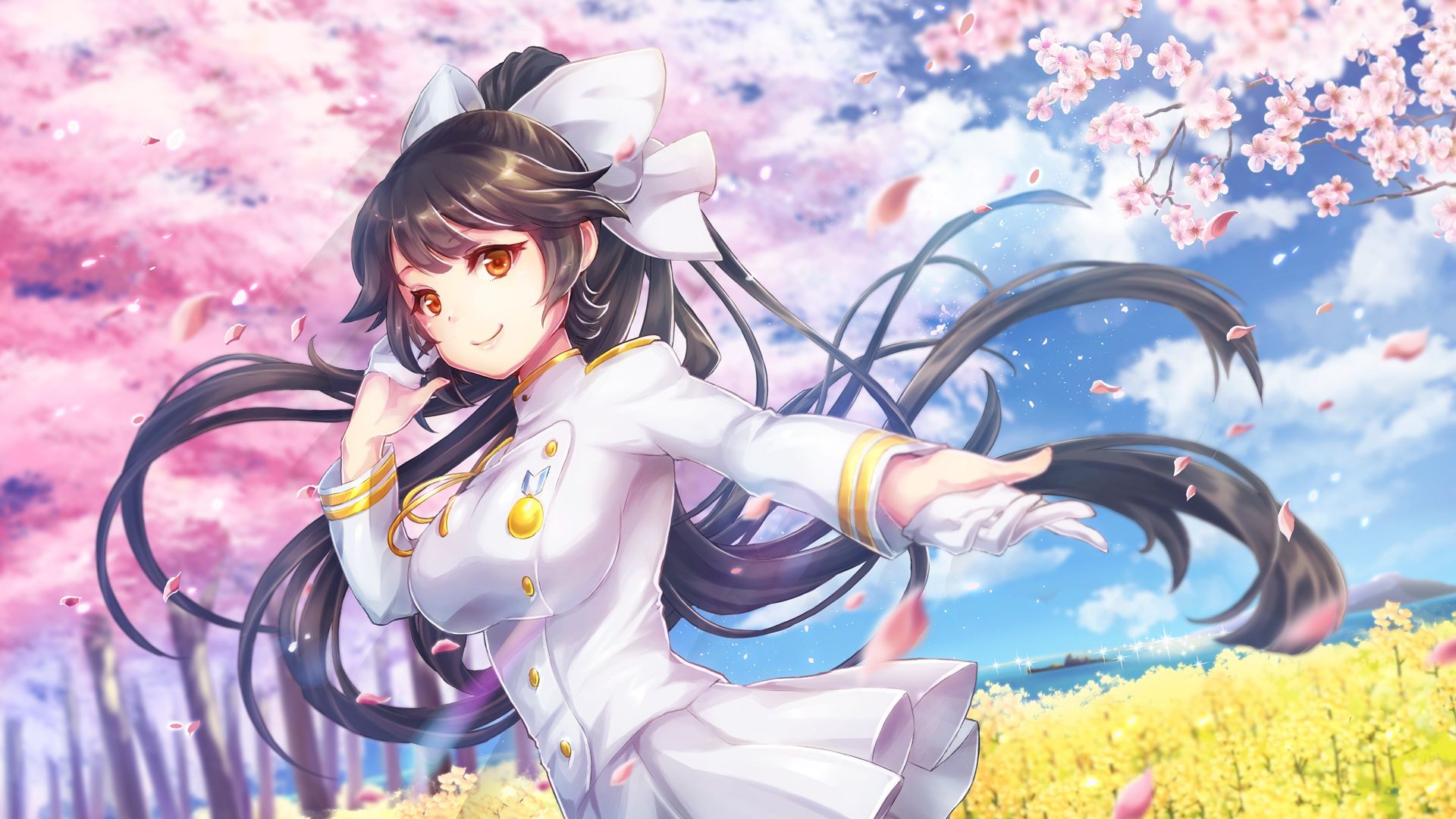 1920x1080 Wallpaper flowers, girl, art, Sakura, spring, Azur Lane, Takao for mobile and desktop, section сёнэн, resolution 1920x1080