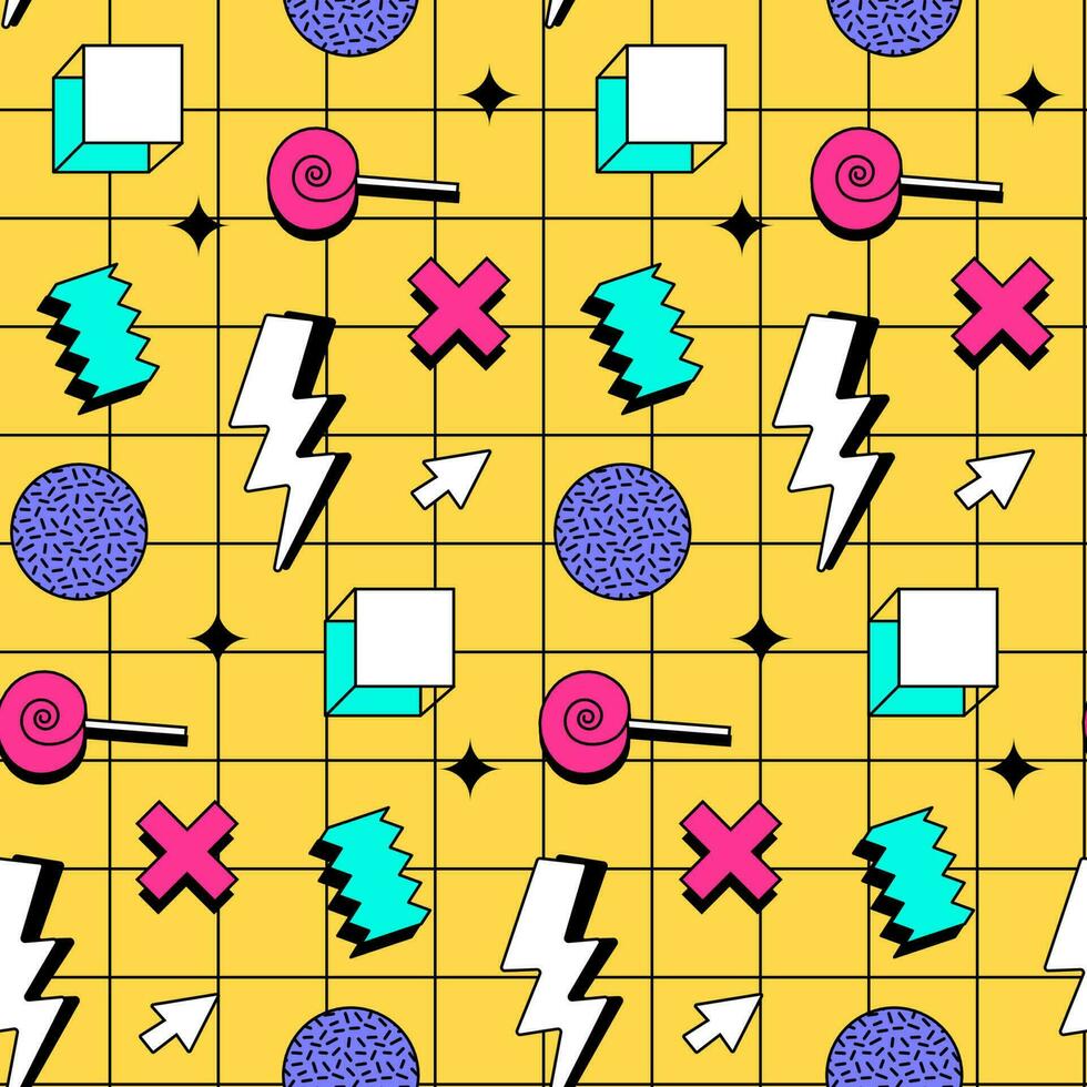 980x980 Retro vintage 80s or 90s memphis style abstract seamless pattern background for textile fabric design, wrapping paper and website wallpaper. Vector vivid illustration