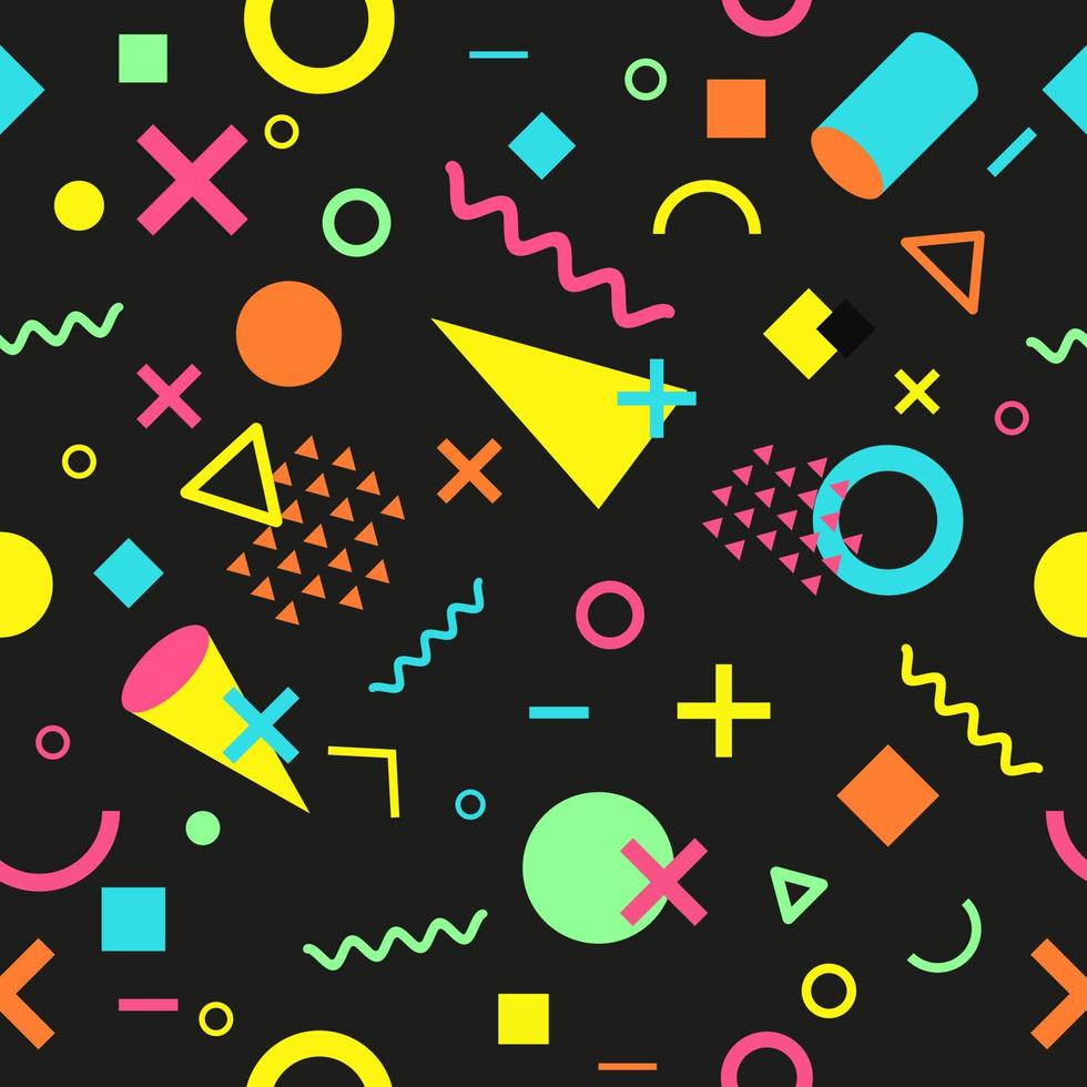 980x980 Vector Seamless Pattern With Multicolor Geometric Shapes On Dark Background. Retro Vintage Abstract Art Print. Fashion 80s 90s. Memphis Style Design. Wallpaper, Cloth Design, Fabric, Paper, Textile