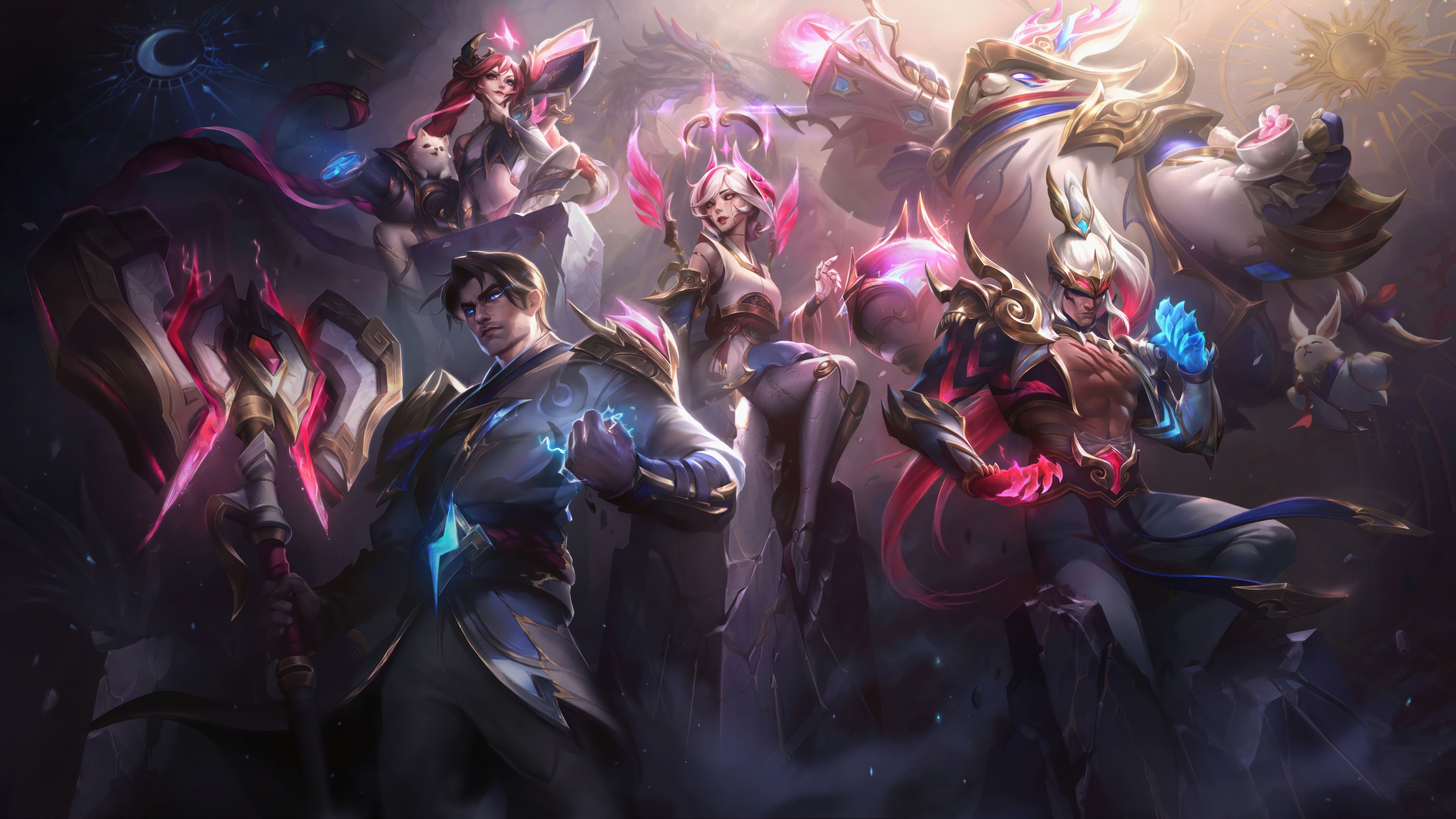 7680x4320 T1 2024 Jayce Orianna Lee Sin Jinx Bard Skins LoL Splash Art Wallpaper 4K 8K HD PC
