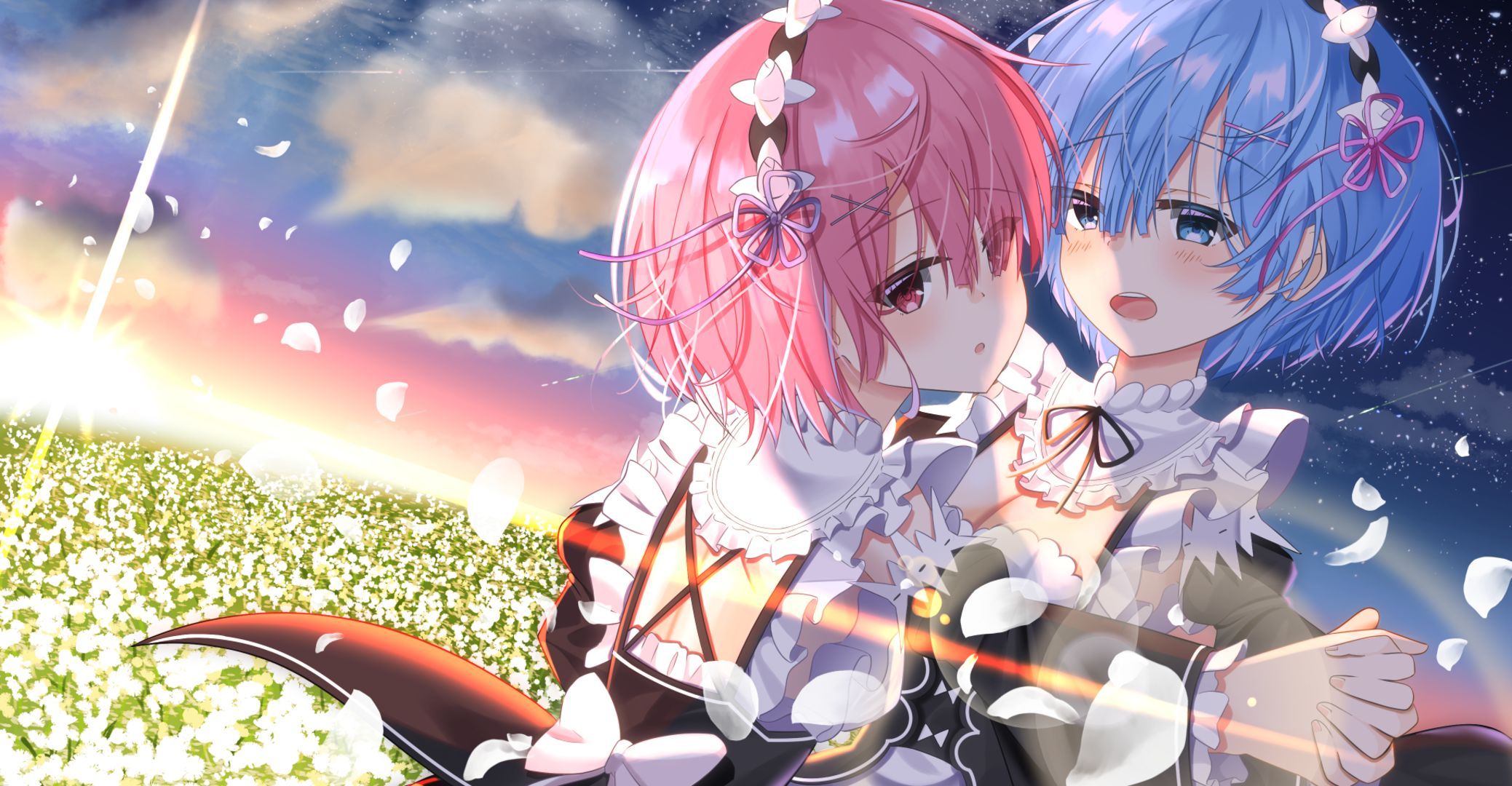 2077x1080 Desktop wallpaper: Anime, Re:zero Starting Life In Another World, Ram (Re: zero), Rem (Re:zero), Sunset 4K free download for PC. 1073715