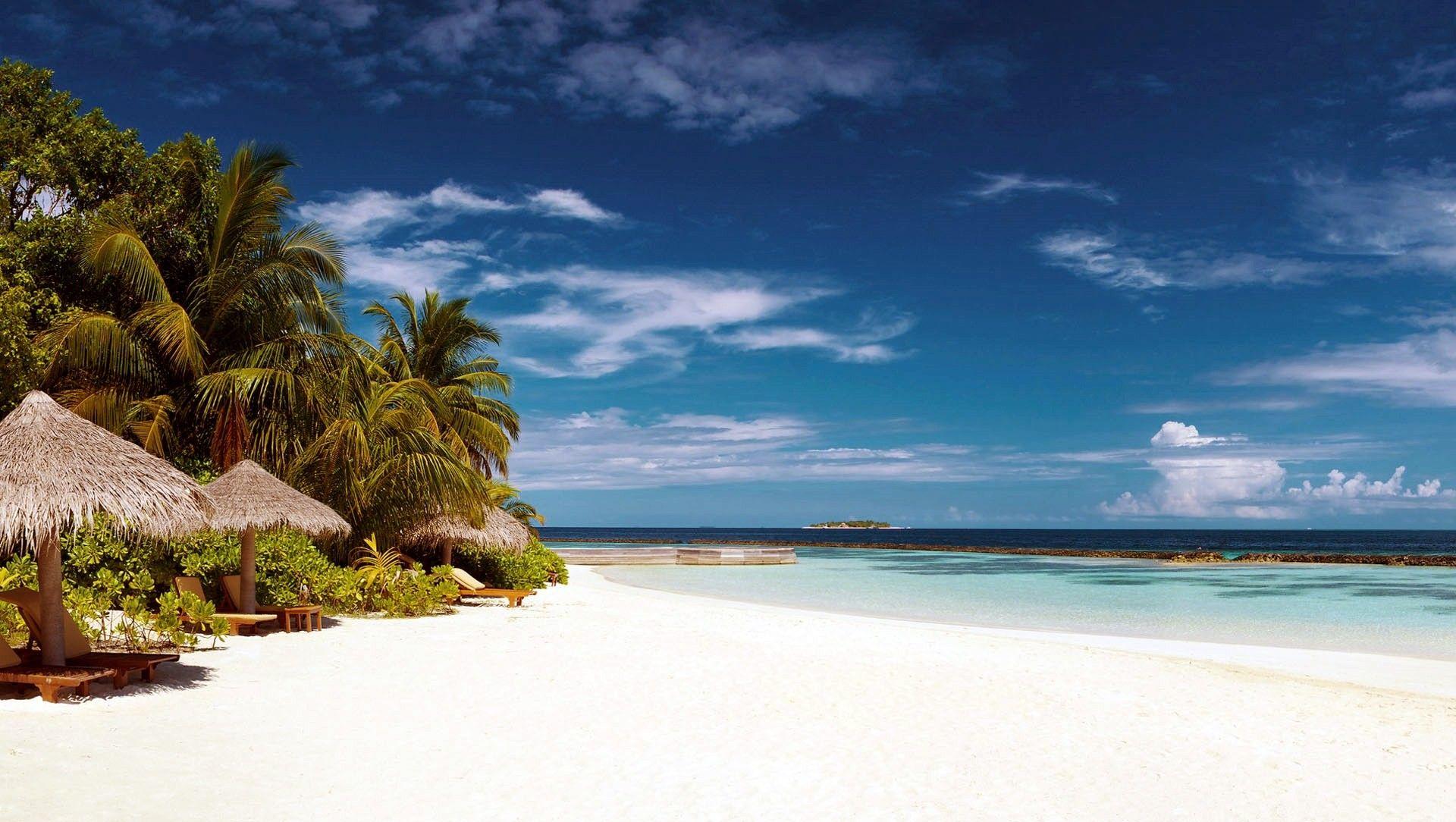 1920x1084 Beaches: Sand Clouds Sunshades Sea Sky Beautiful Trees Summer