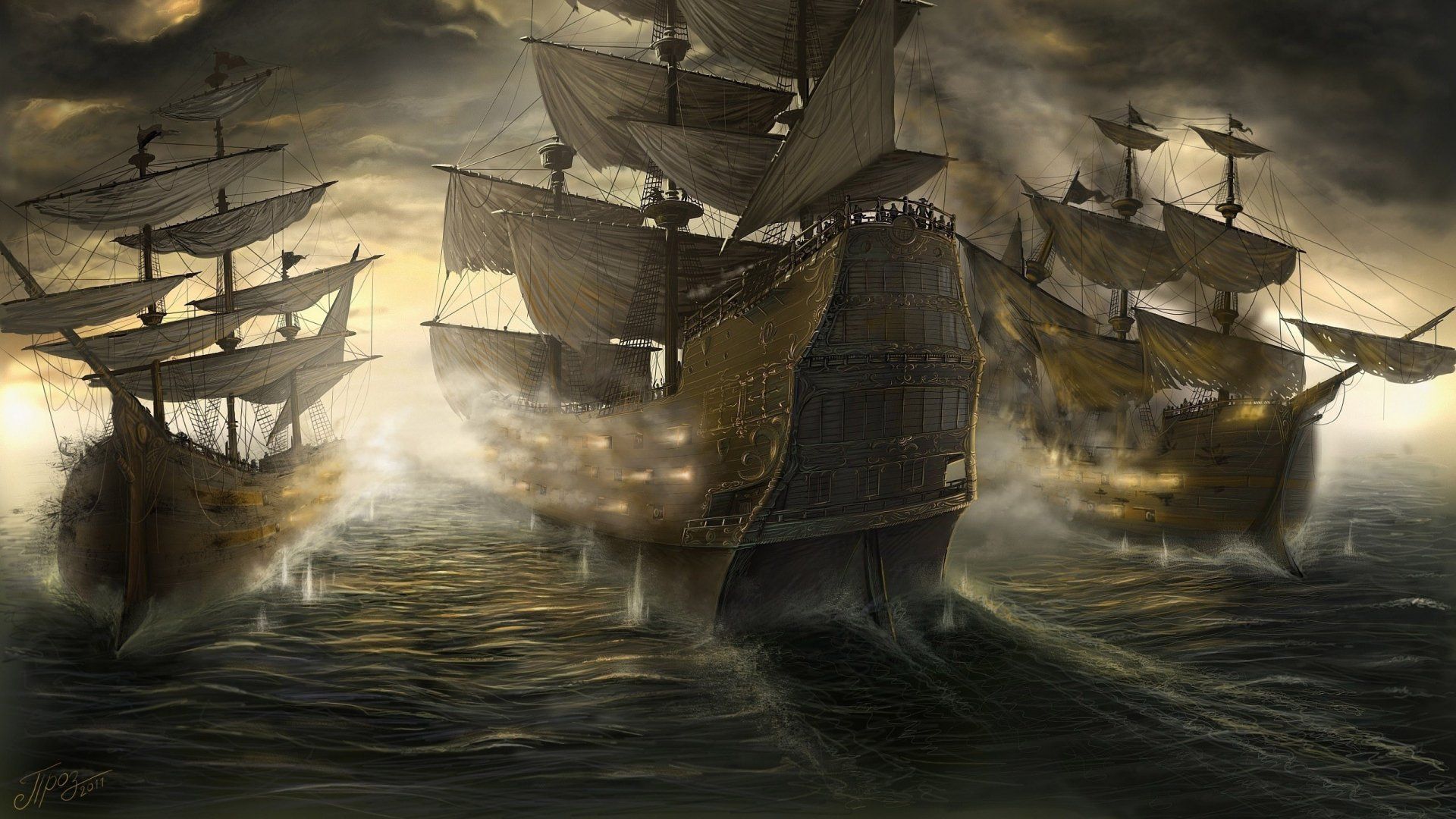 1920x1080 Epic Fantasy Armada: HD Wallpaper of Majestic Sailing Shipsx1440