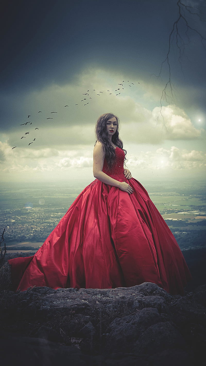 800x1422 Red wedding dress, beach, beauty, birds, girl, pretty, red dress, wedding, wedding dress, HD phone wallpaper